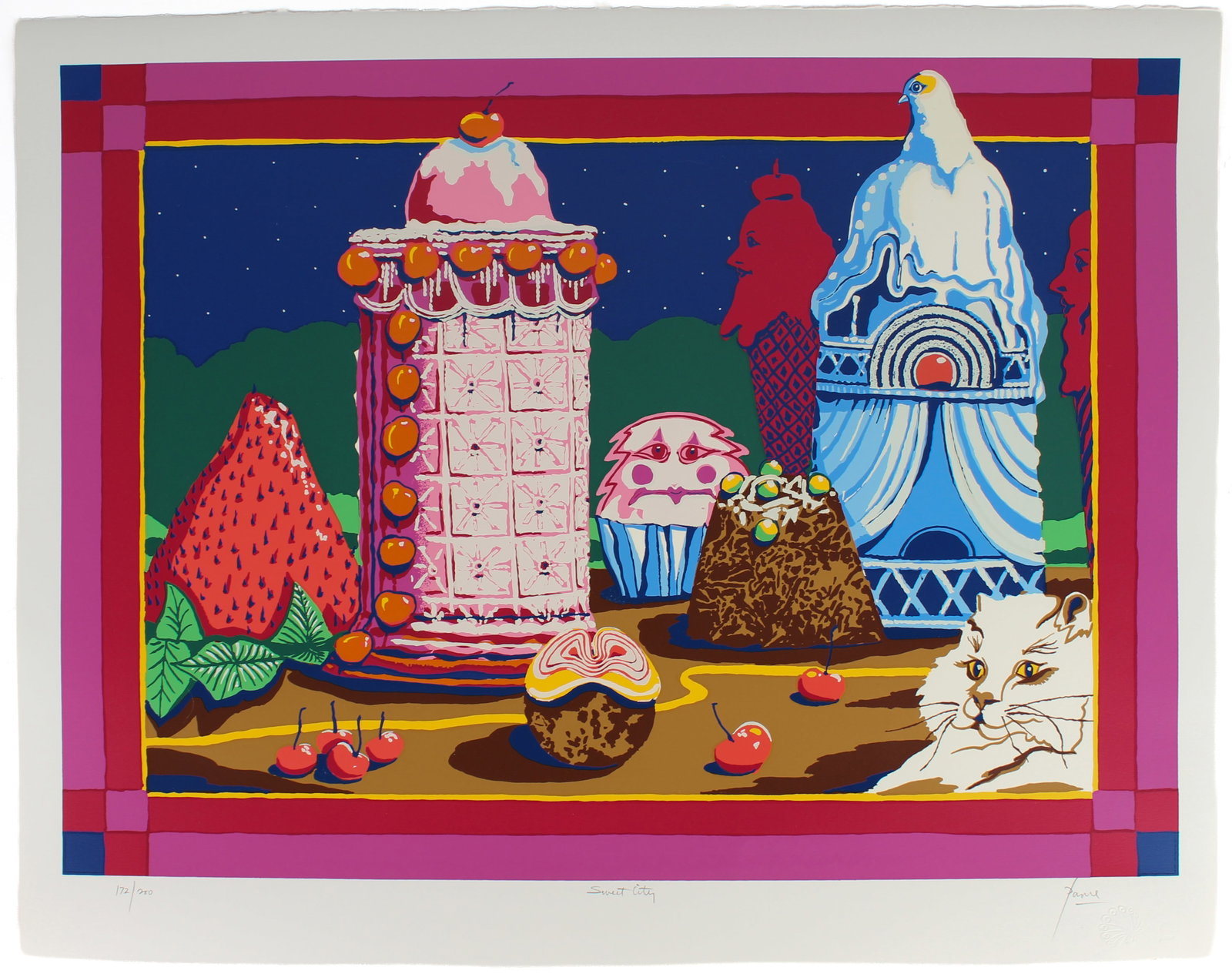 Peter Paone (American, 1936-2026) Sweet City, Signed Serigraph: Description: A surreal or absurdist serigraph on BFK Rives wove paper depicting various fruits, candies and confections as elements of a city. Markings & Inscriptions: Signed, titled, and numbered 172