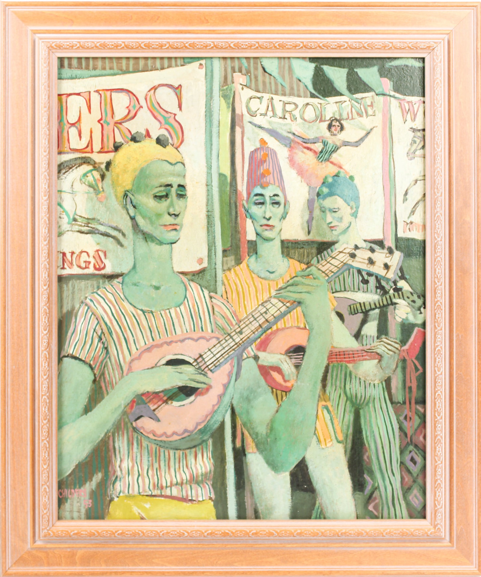 Robert E. Childers (American, 1924-1984) Musicians, Oil on Canvas, PAFA: Description: A modernist figural painting depicting three circus or carnival musicians. Markings & Inscriptions: Signed and dated bottom left Date: 1953 Maker: Robert E. Childers (American, 1924-1984)