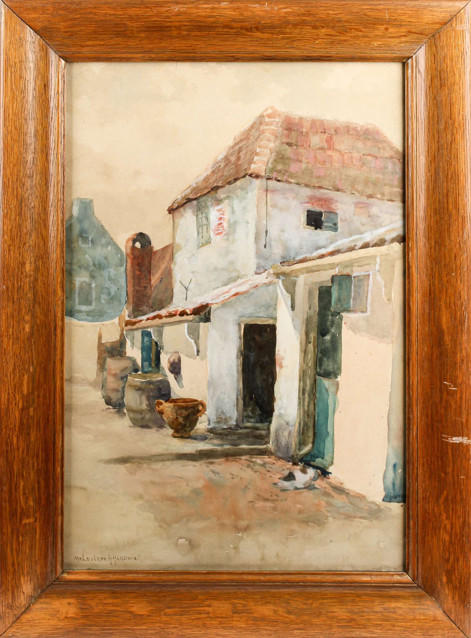 Melbourne H. Hardwick (American, 1857-1916) Watercolor on Paper: Description: A watercolor on paper by Melbourne H. Hardwick depicting a village scene of a white house with a tiled roof. Markings & Inscriptions: Signed lower left Date: 19th/20th century Maker: Melb