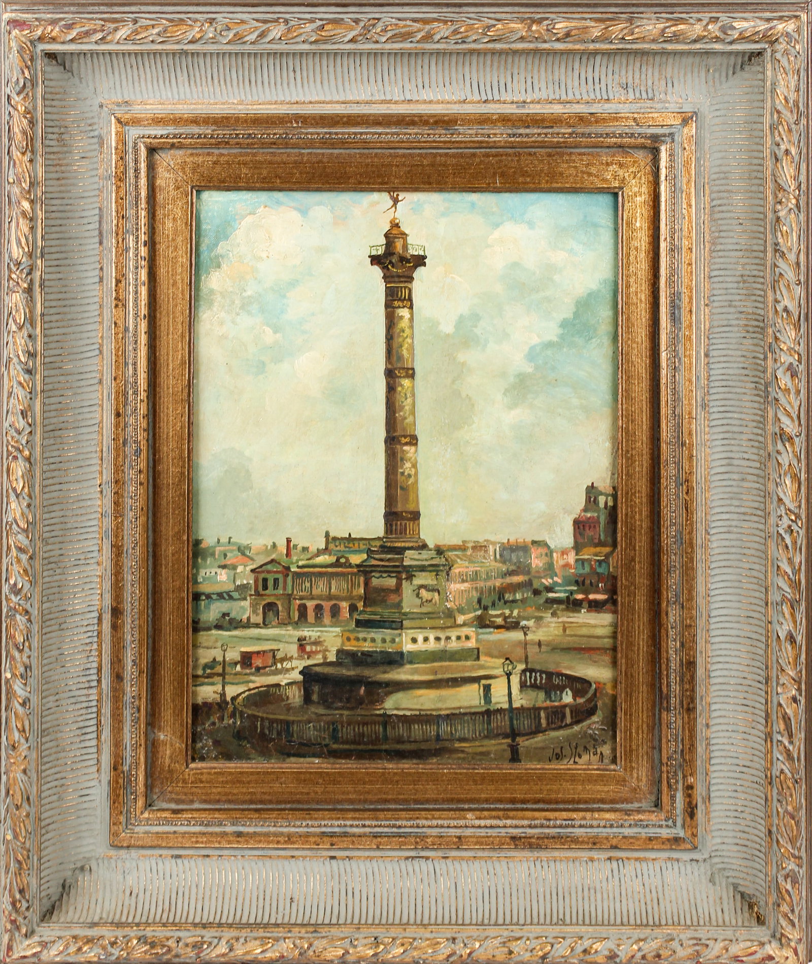 Joseph Sloman (American, B. 1883) Column of July in Paris, Oil on Canvas Board: Description: Oil on canvas board by Joseph Sloman depicting the Column of July in Paris. Markings & Inscriptions: Signed lower right, inscribed verso Date: 20th century Maker: Joseph Sloman (American,