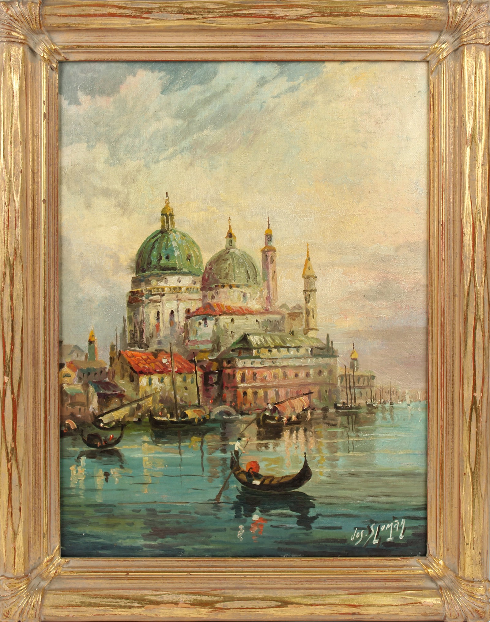 Joseph Sloman (American, B. 1883) The Gondoliers, Oil on Canvas Board: Description: Oil on canvas board by Joseph Sloman depicting a view of the Santa Maria della Salute and the Punta della Dogana in Venice with gondoliers in the foreground. Markings & Inscriptions: Sign