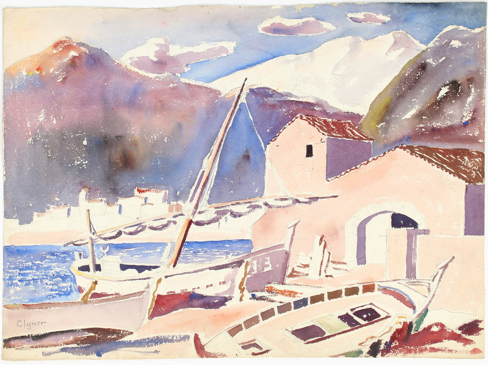 James Floyd Clymer (American, 1893-1982) Fishing Village, Canada, Watercolor: Description: A watercolor on paper depicting a fishing village, likely in Northeastern Canada. Markings & Inscriptions: Signed bottom left Date: Early to mid 20th century Maker: James Floyd Clymer (Am