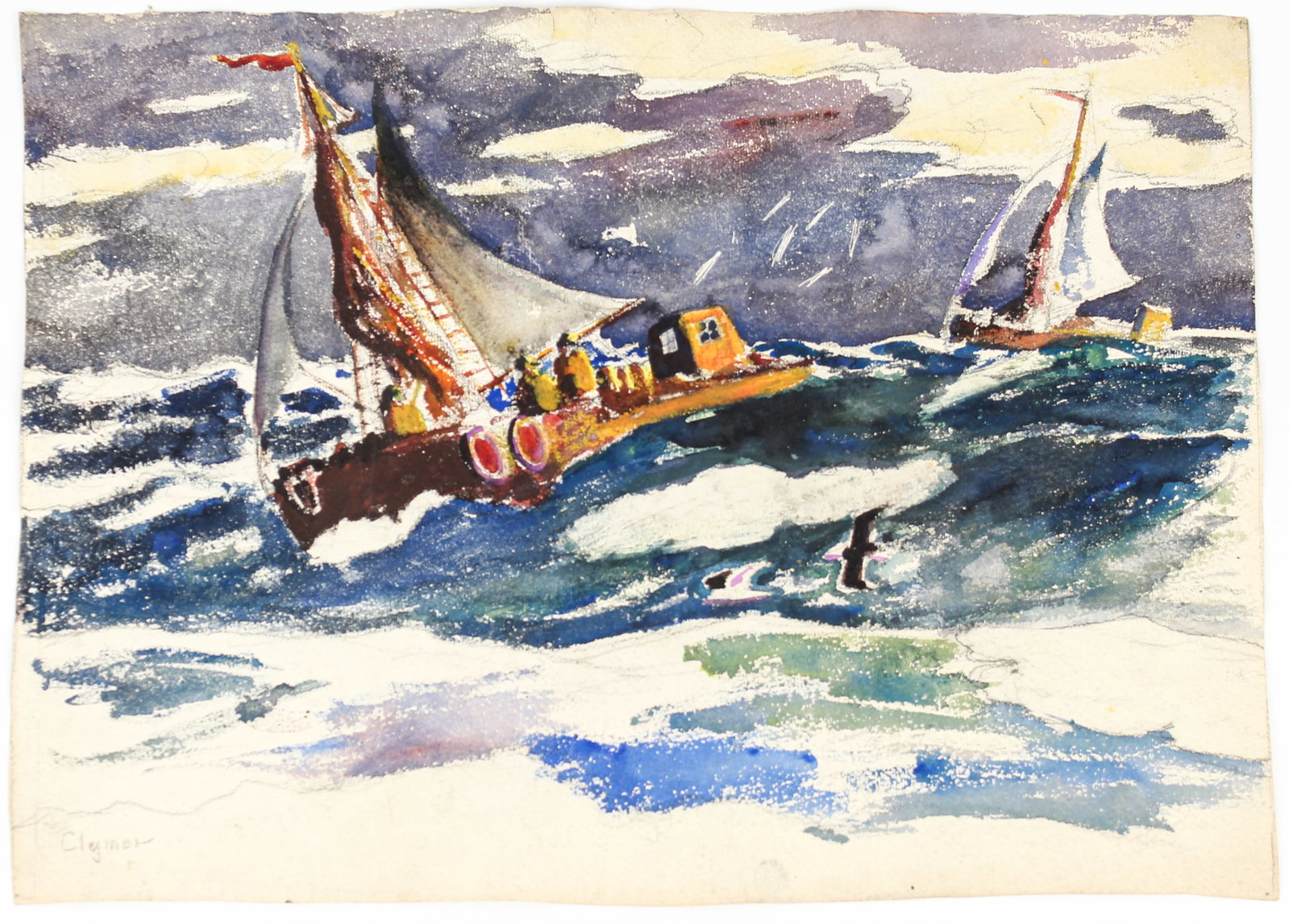 James Floyd Clymer (American, 1893-1982) Coastal Boats, Watercolor: Description: A watercolor on paper depicting coastal sailboats, likely in Northeastern Canada. Markings & Inscriptions: Signed bottom left Date: Early to mid 20th century Maker: James Floyd Clymer (Am