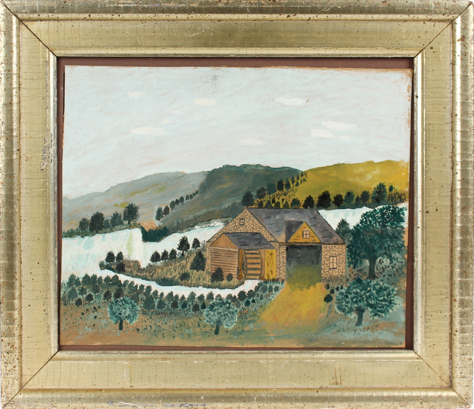 American Folk Art Painting, Stone Mill Landscape: Description: An oil on paper signed 'Tucker' depicting a stone mill by the water. Markings & Inscriptions: Signed Date: 20th/21st century Maker: Tucker Dimensions: 13" x 15" overall. Provenance: From 