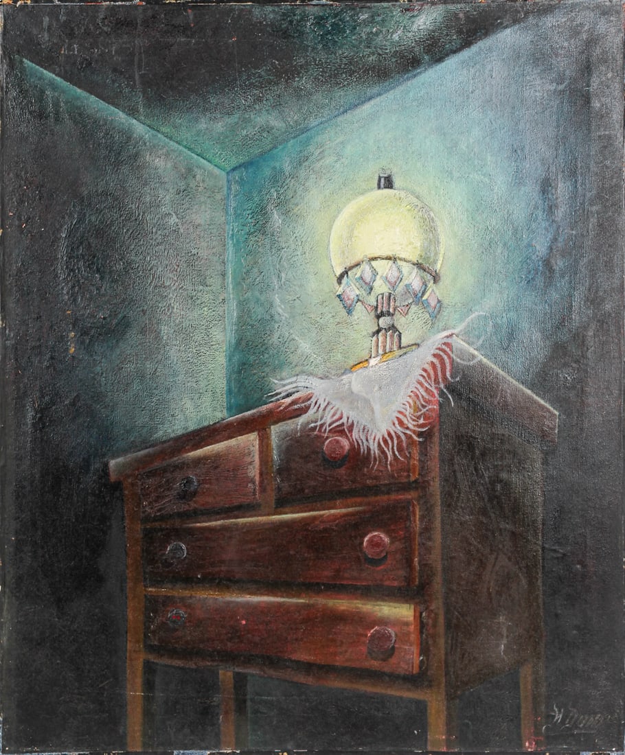 Harry Dunn (American, 1929-1998) Light, Early Painting: Description: An oil on canvas painting depicting a side table with lamp. The painting is an early work by Dunn. Markings & Inscriptions: Signed bottom right, also signed and titled verso Date: Mid 20t