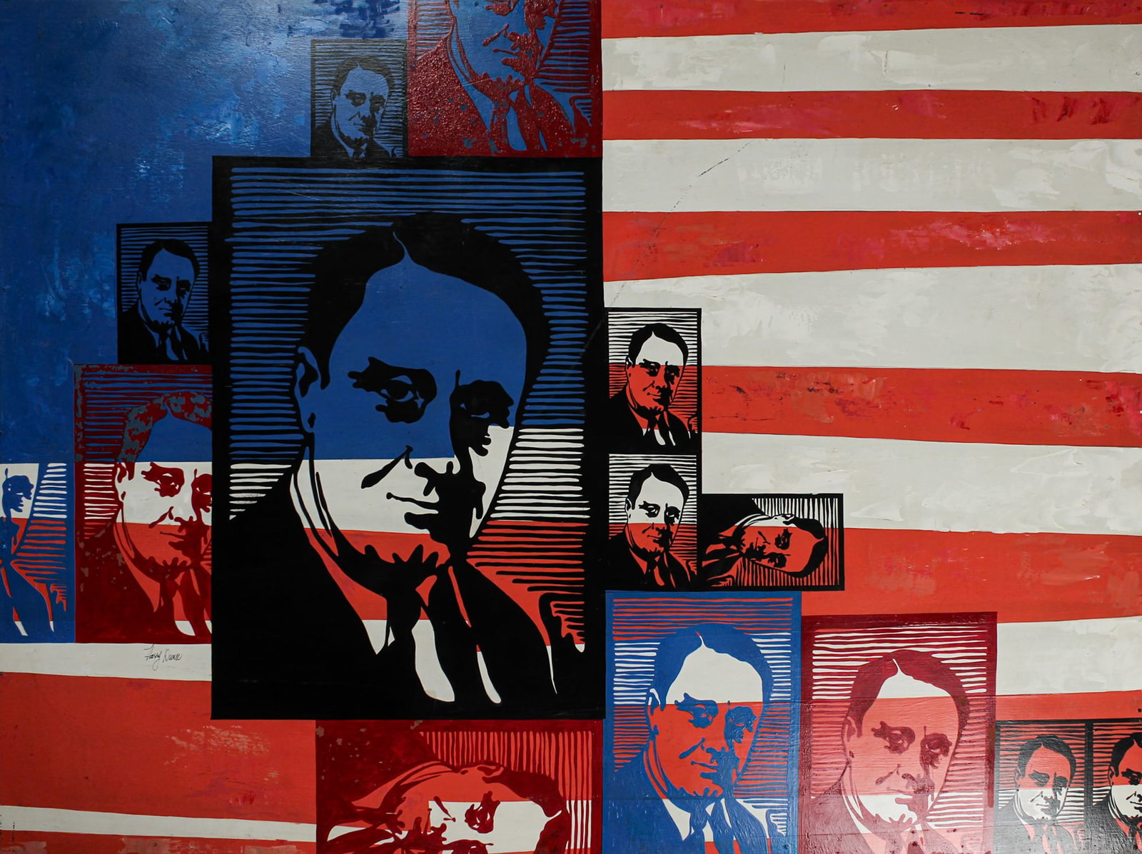 Harry Dunn (American, 1929-1998) Franklin Delano Roosevelt, Oil on Panel: Description: An oil on wood panel painting depicting portraits of FDR superimposed on an American flag. Markings & Inscriptions: Signed bottom left Date: Mid to late 20th century Maker: Harry Dunn (Am
