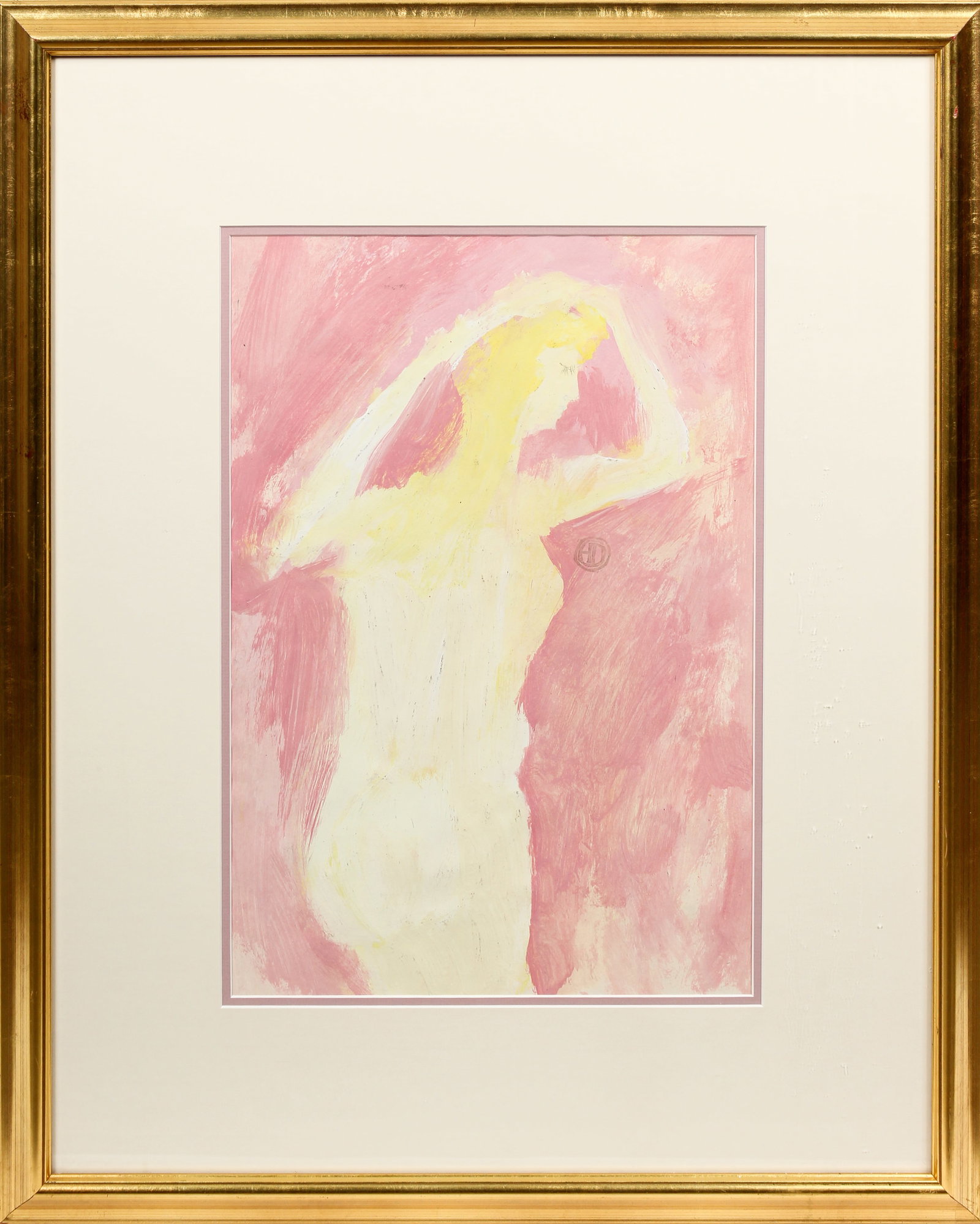 Harry Dunn (American, 1929-1998) After the Bath, Acrylic on Paper: Description: Framed, matted and glazed acrylic on paper by Harry Dunn titled 'After the Bath'. Depicting a nude, blonde haired woman. Markings & Inscriptions: Artist's monogram stamped Date: 20th cent
