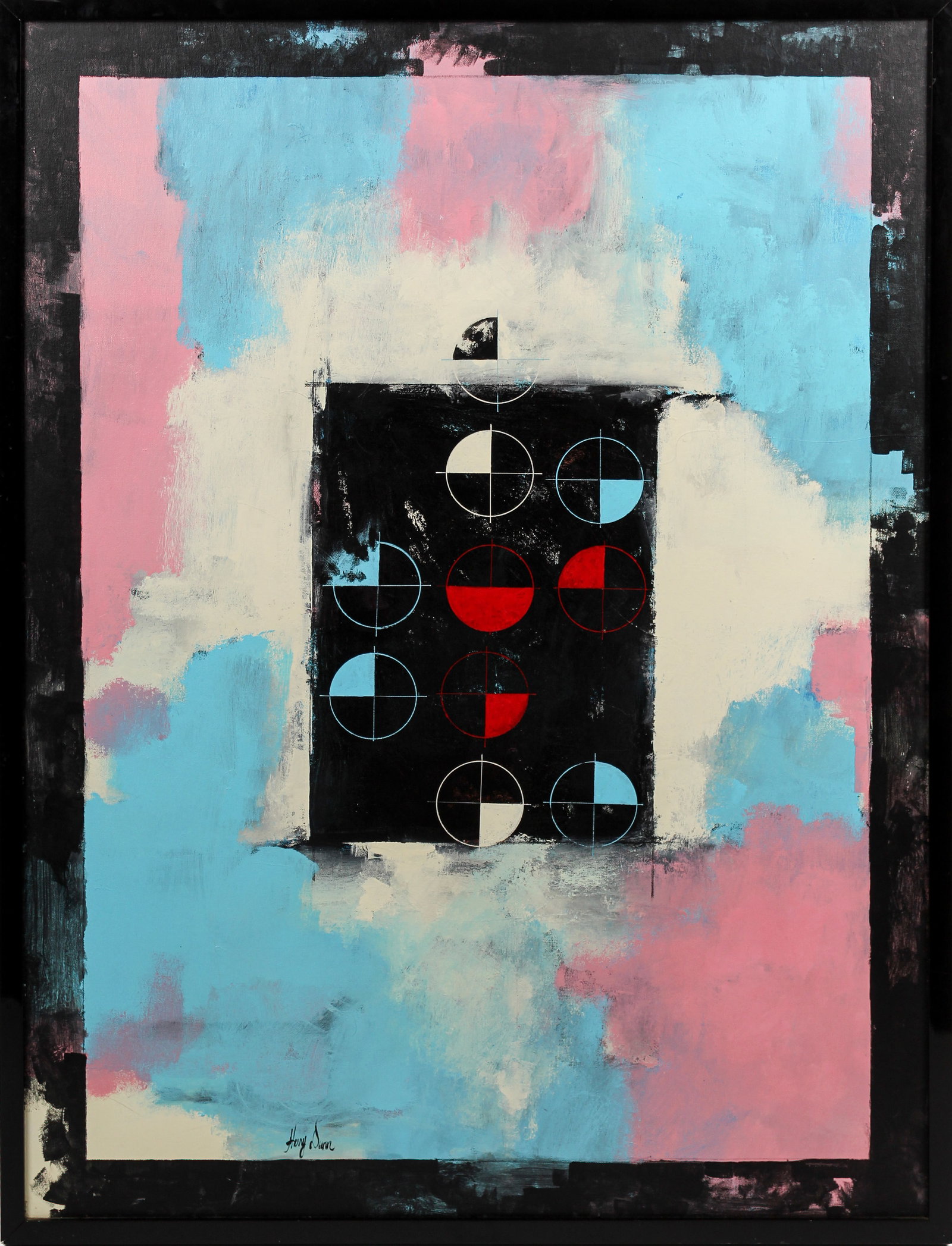 Harry Dunn (American, 1929-1998) Point Zero. Acrylic on Canvas: Description: Framed acrylic on canvas abstract by Harry Dunn titled 'Point Zero'. In black, pink, light blue, red and white. Markings & Inscriptions: Signed lower left Date: 20th century Maker: Harry 
