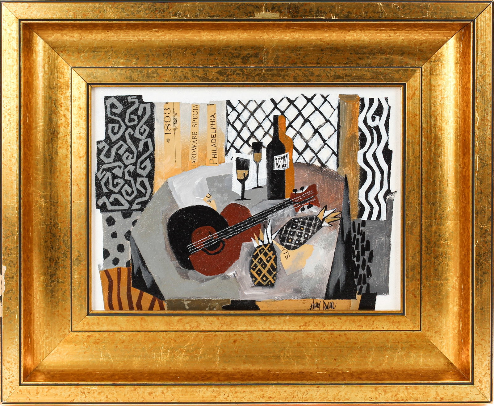 Harry Dunn (American, 1929-1998) Guitar and Pineapples, Mixed Media Acrylic and Collage on Canvas (1 of 13)