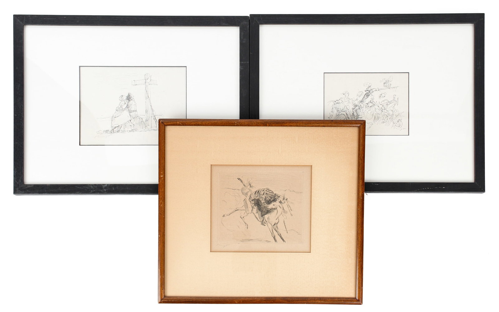 Max Slevogt (German, 1868-1932) Signed Lithographs, Etching: Description: Two lithographs on paper by Max Slevogt, including illustrations from the fairy tale 'Der Eisenhans'. Images depicting the beheading of a soldier during battle and a woman and soldier bei