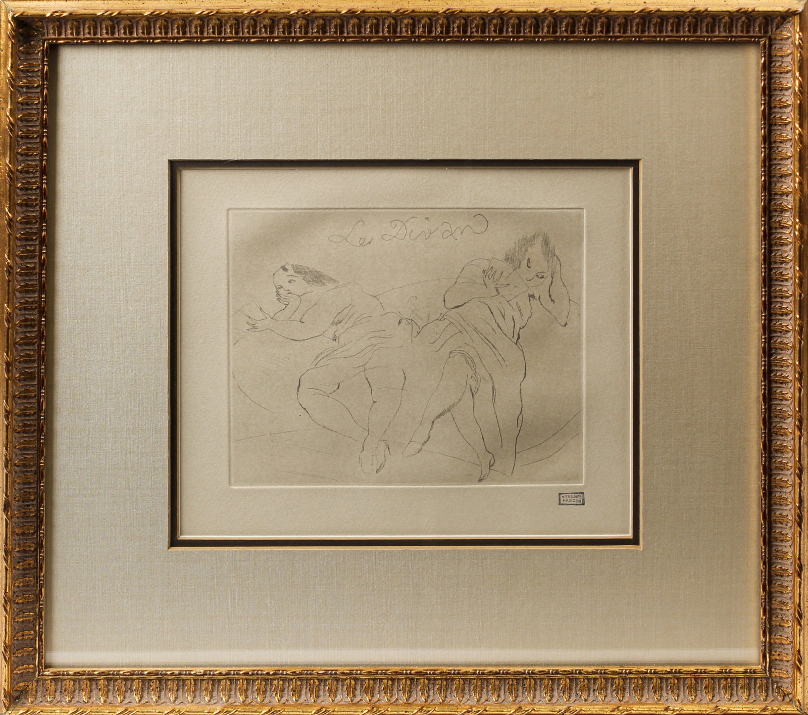 After Jules Pascin (French, 1885-1930) La Divan, Etching: Description: An etching depicting two women luxuriating on a sofa. Markings & Inscriptions: Stamped bottom right Date: Mid 20th century Maker: After Jules Pascin (French, 1885-1930) Dimensions: 8" x 9
