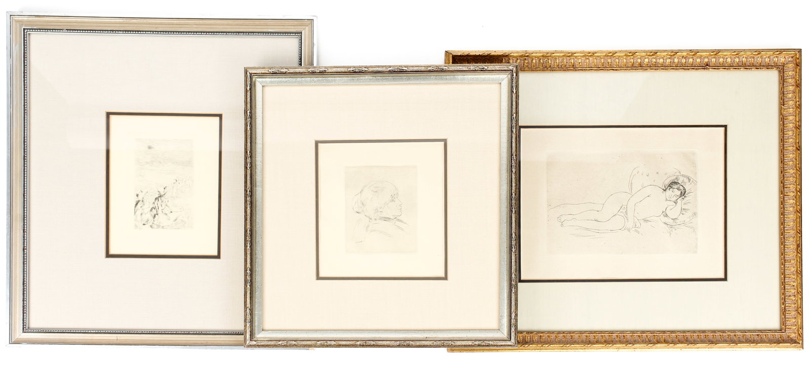 Three Etchings After Renoir: Description: Three modern etchings after Renoir, including a portrait of Berthe Morisot, "Sur la Plage ? Berneval," and "Femme Nue Couch?e (Tourne Droite)" Markings & Inscriptions: Signed in the plate