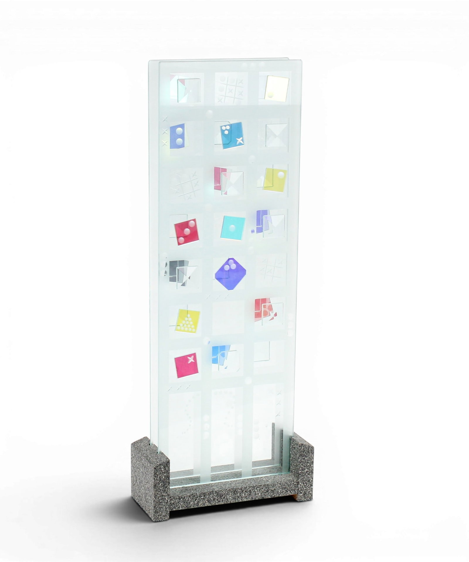Ray Lapsys Studio Art Glass Sculpture, Games, Tic Tac Toe, Dice, Etc.: Description: A playful modernist art glass sculpture composed of two panels decorated with etched and applied game-related designs, mounted on a painted wood base. Markings & Inscriptions: Signed Date
