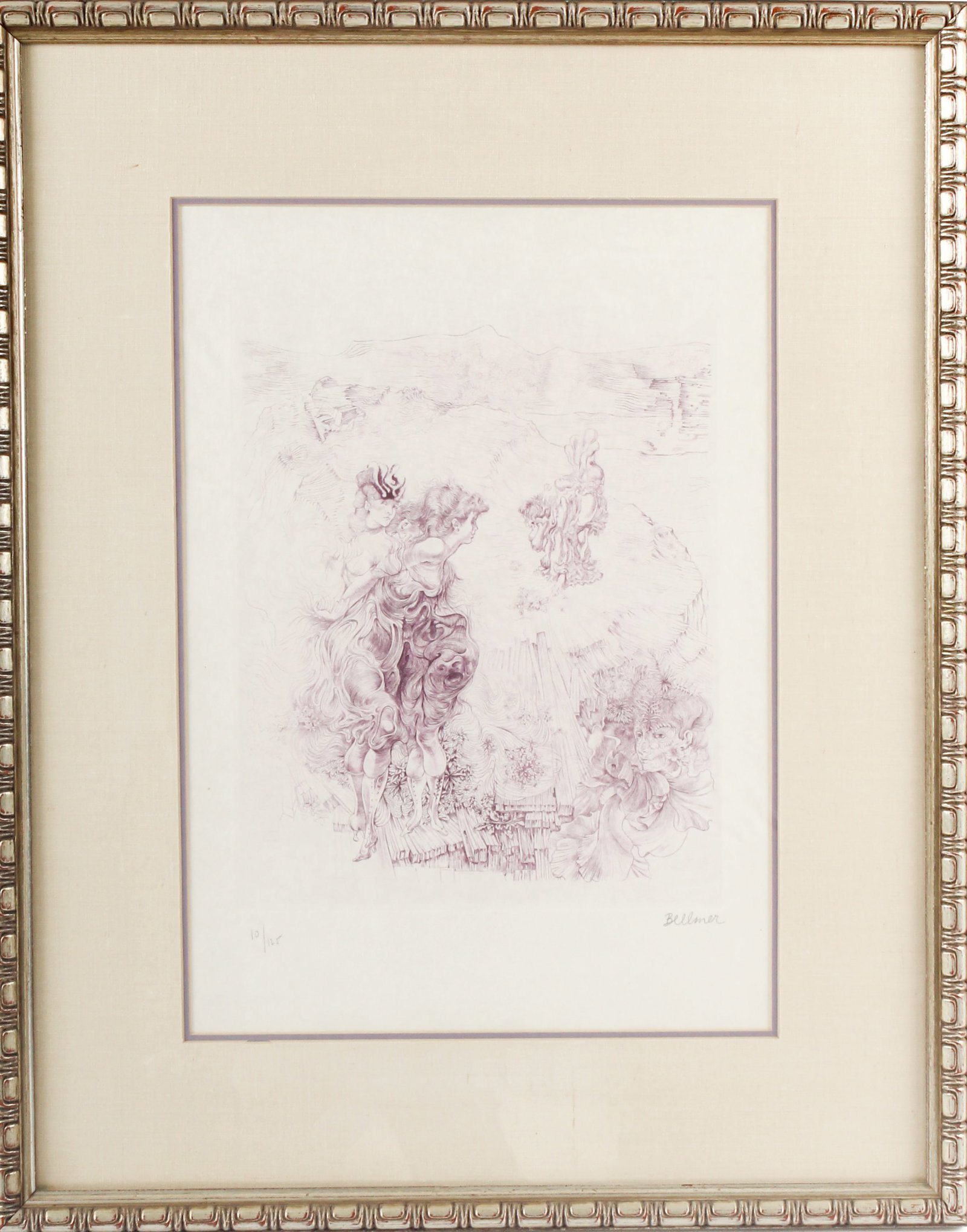 Hans Bellmer (German, 1902-1975) Paysage 1900, Surreal Etching: Description: An engraving on rice paper depicting figures in a landscape. Markings & Inscriptions: Signed & numbered 10/125 Date: Mid 20th century Maker: Hans Bellmer (German, 1902-1975) Dimensions: 2