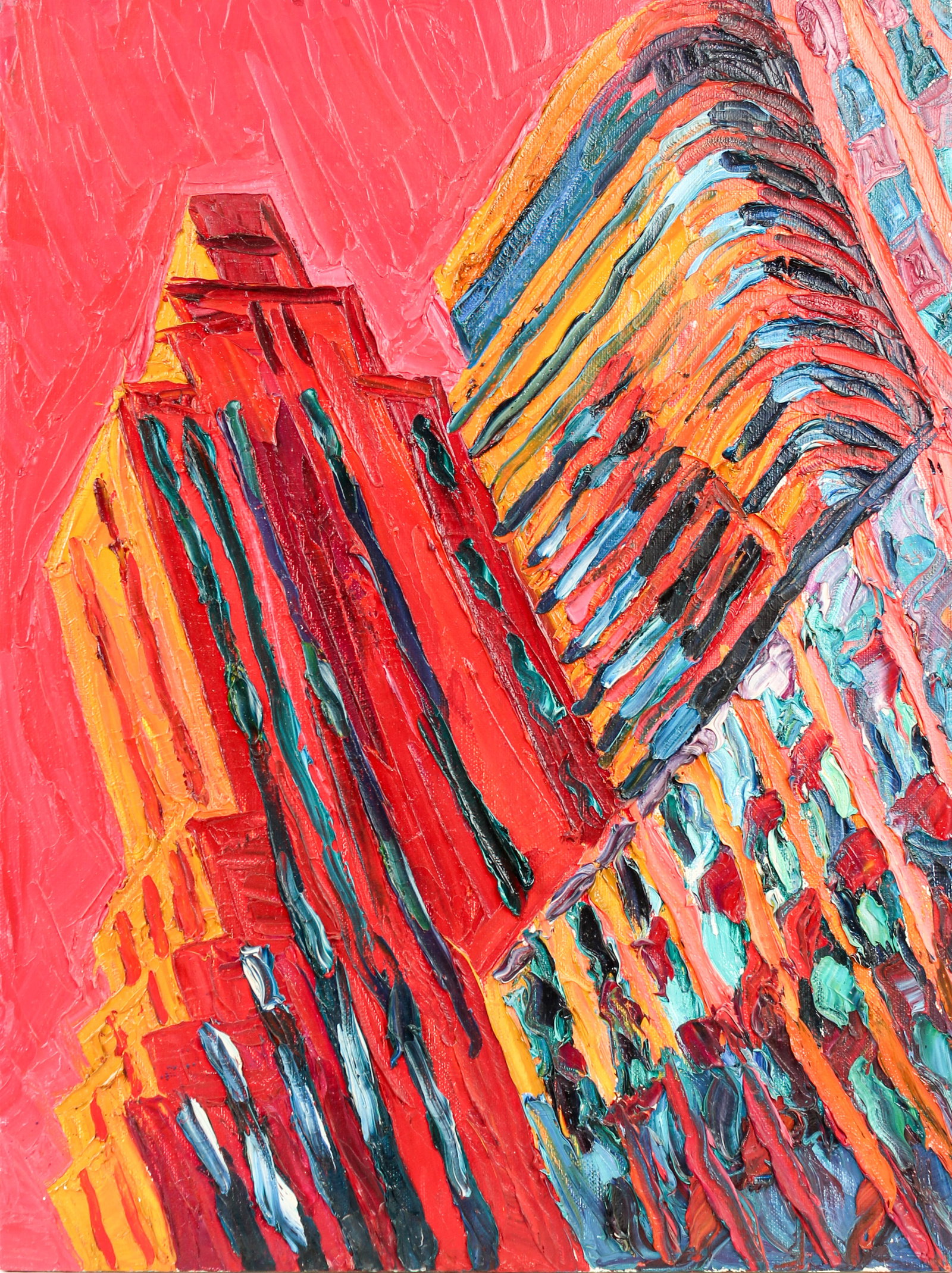Robert Terry (American, 1953-2021) New York City, Painting: Description: A colorful oil on canvas painting with heavy impasto depicting buildings in New York City. Markings & Inscriptions: Signed & dated verso Date: 1983 Maker: Robert Terry (American, 1953-202
