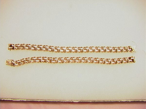 Pair 14K heavy yellow gold double link bracelets ma: Pair 14K heavy yellow gold double link bracelets matching Each with heavy double link safety clasp can be worn as bracelet or combined as necklace. 2.585 troy ounces, 7.75" long. US Shipping charge: $