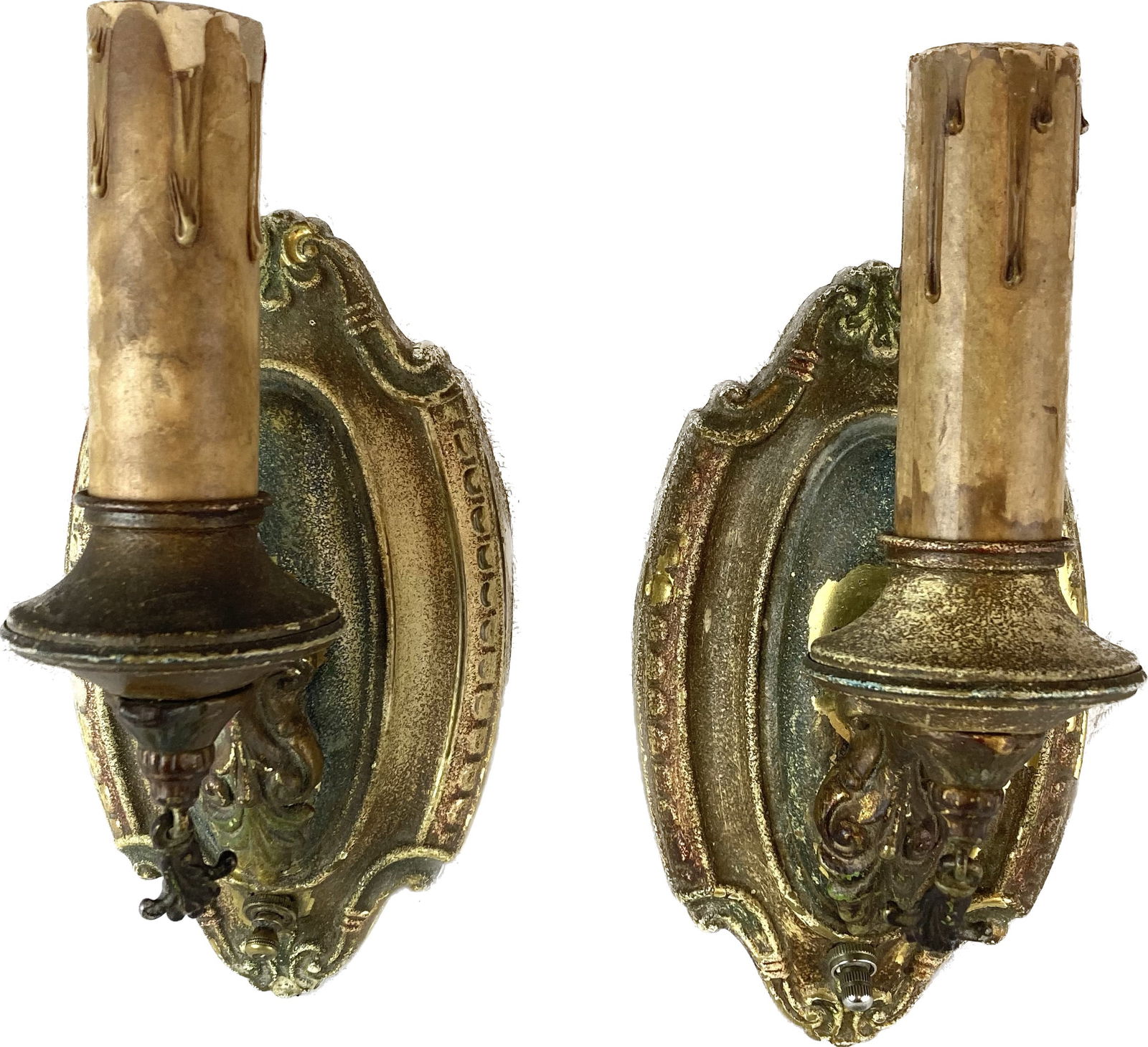 Pair of single candle brass polychrome sconces with tassel finials (1 of 2)