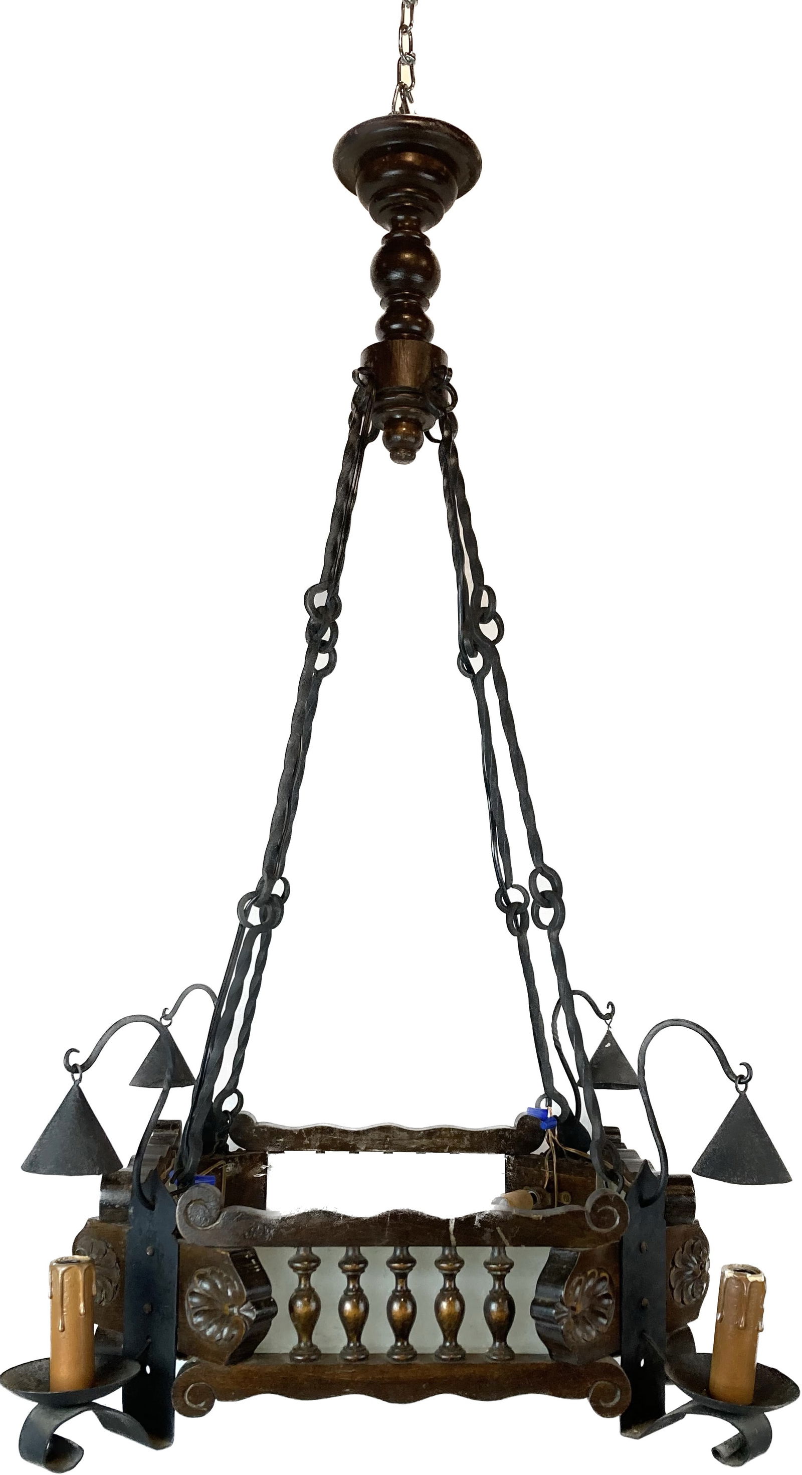 Square spindled wood and wrought iron four arm chandelier (1 of 2)
