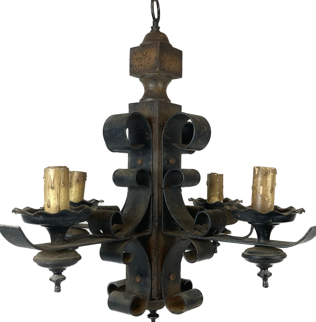 Four arm square wood and black wrought iron chandelier body (1 of 2)