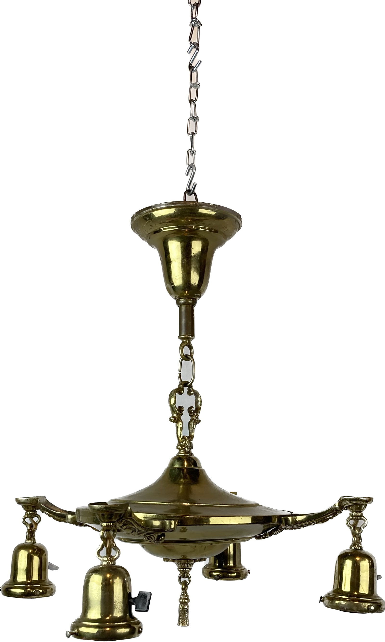 Polished brass four light pan lighting fixture with tassel finial (1 of 2)