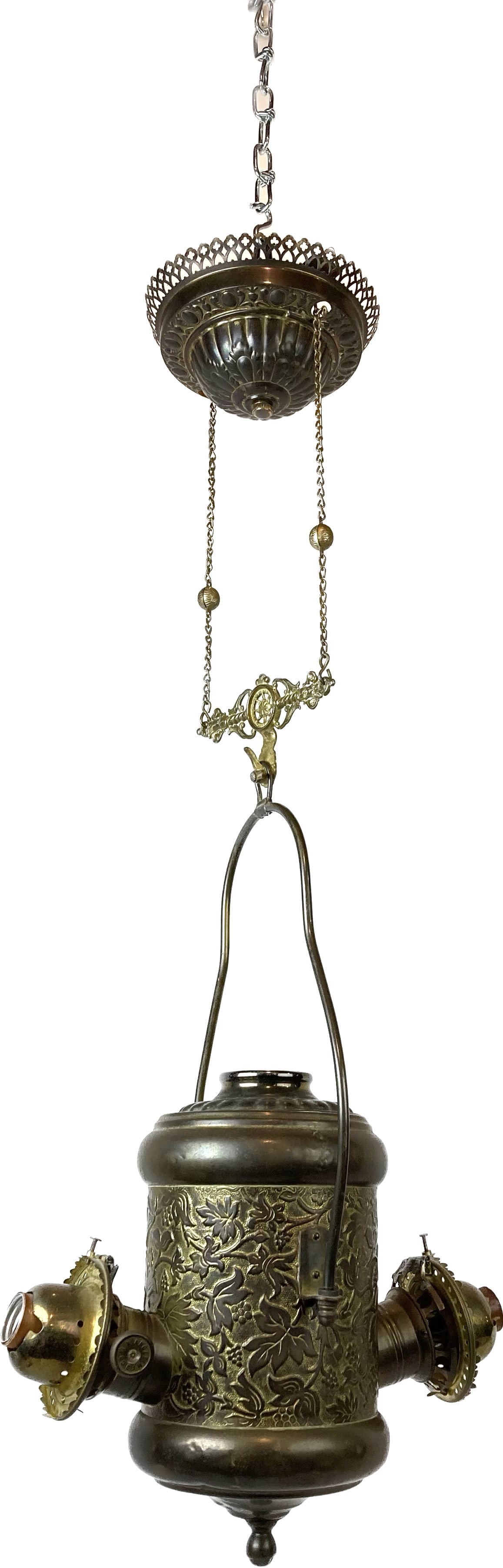 Converted two socket ornate stamped brass lighting pendant from "The Angle Lamp Co. N.Y." (1 of 3)