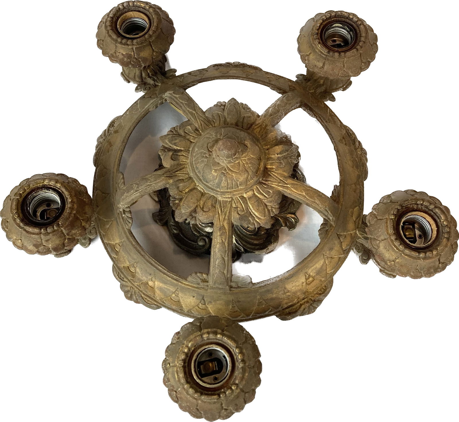 Cast iron and brass 5 light bare bulb flushmount lighting fixture (1 of 2)