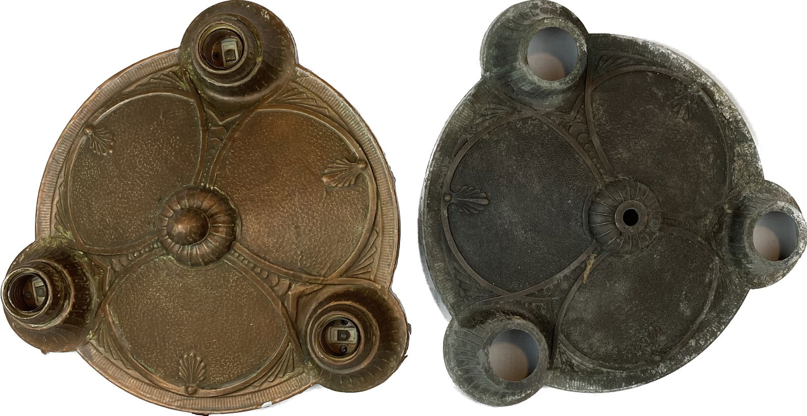 Pair of same design triple socket bare bulb flushmount light fixtures with different finishes (1 of 2)