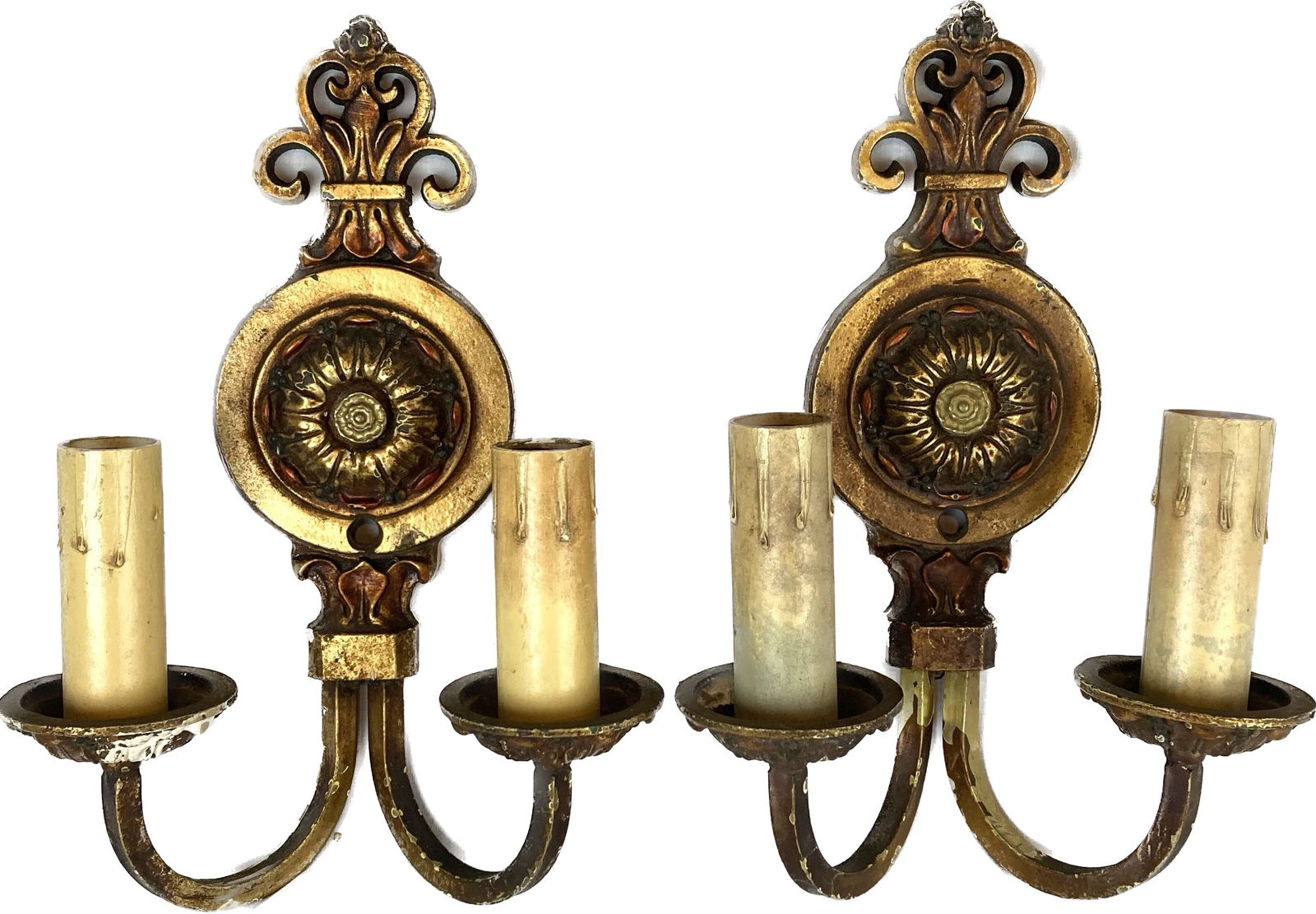 Pair of cast iron and brass double arm polychrome sconces (1 of 3)