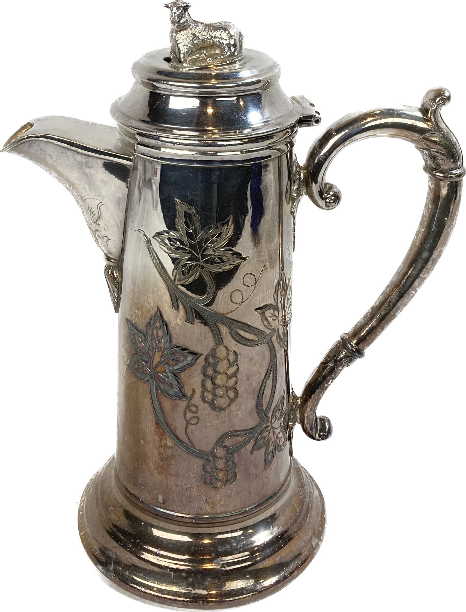 Antique silver plate etched pitcher with lamb top finial (1 of 5)