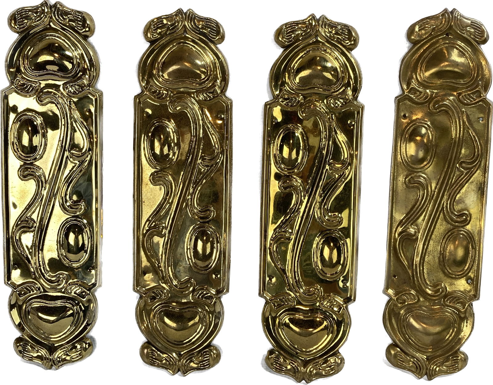Set of 4 stamped brass art nouveau heart and oval push plates (1 of 1)