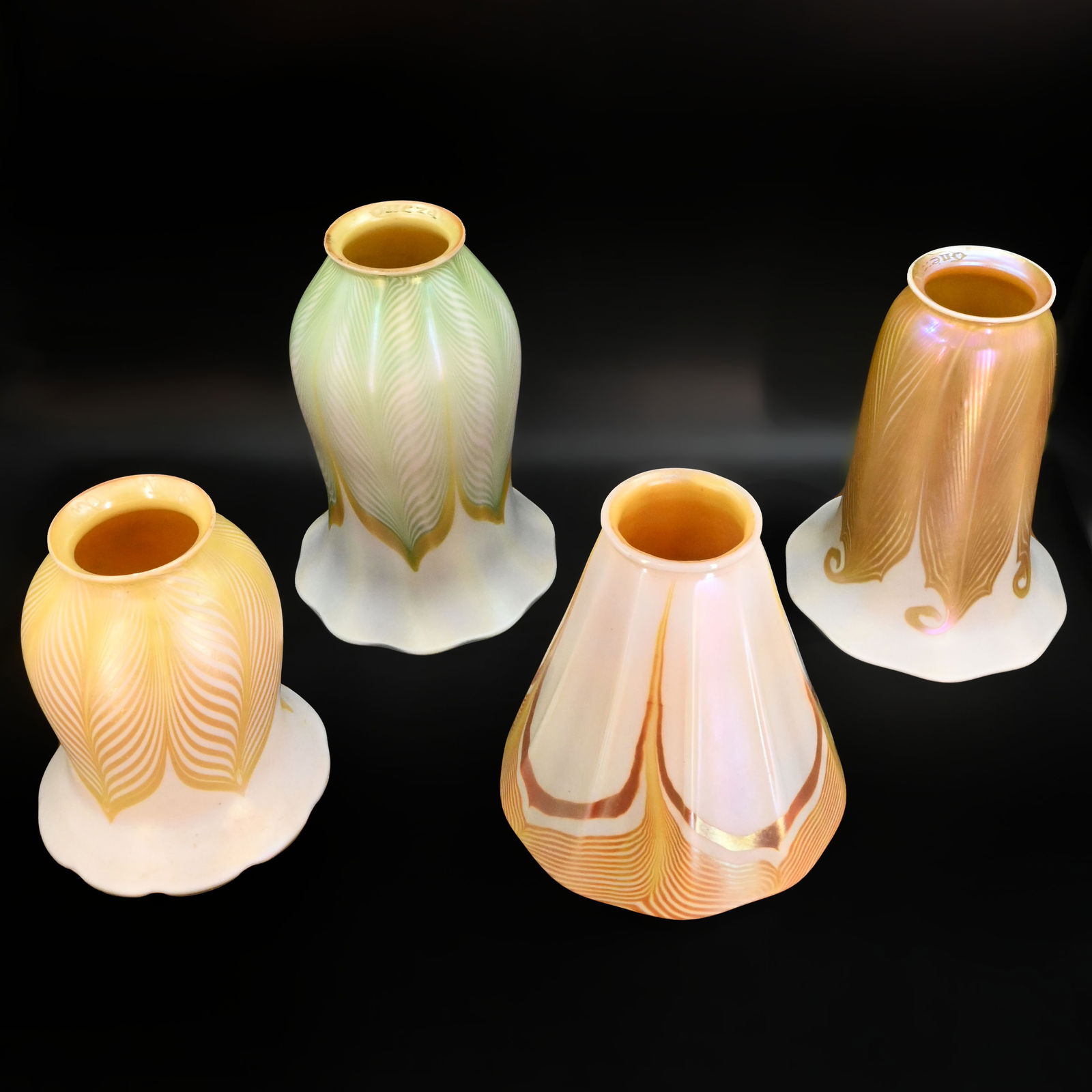 Group of four pulled feather art glass shades by Lustre Arts, Steuben, and Quezal (1 of 9)