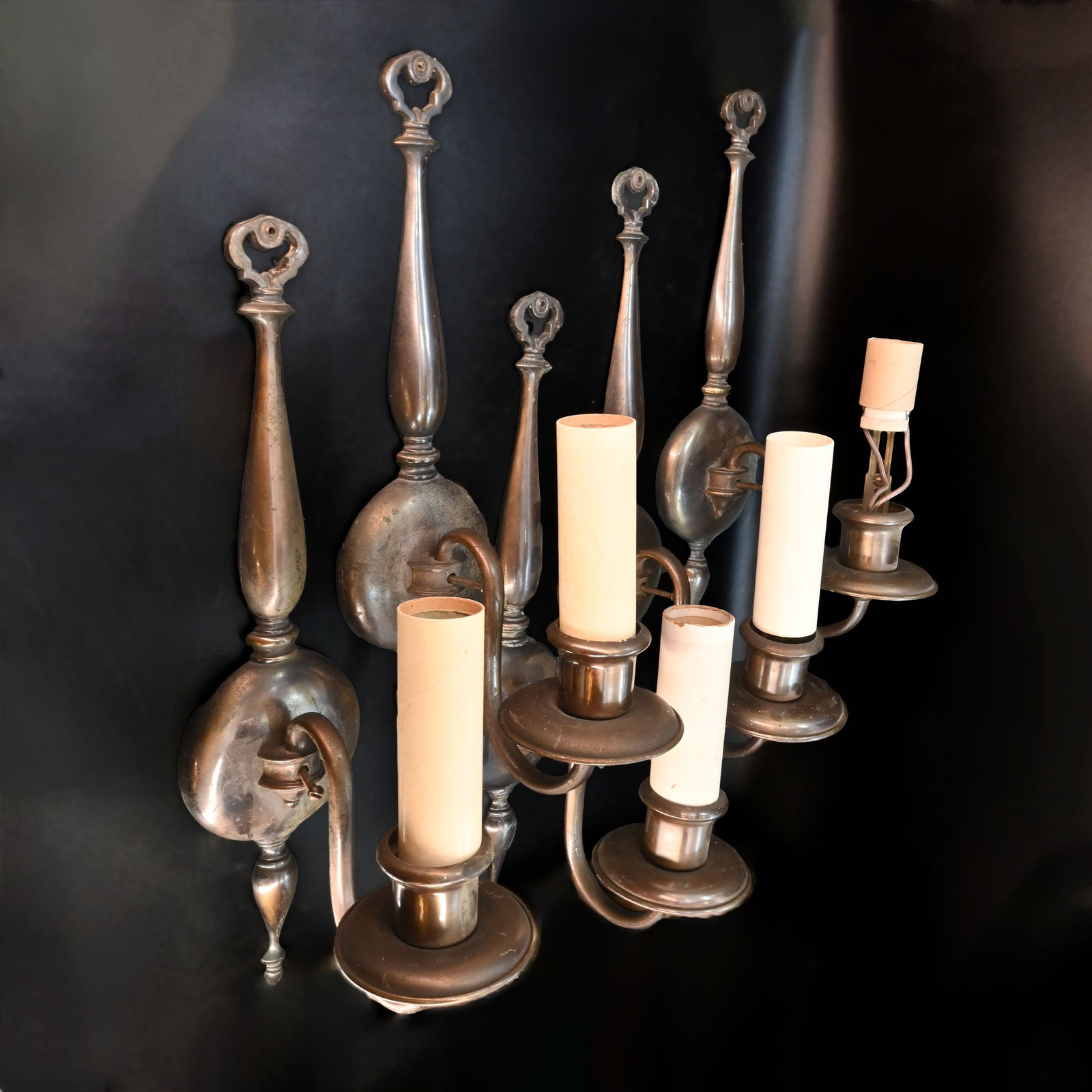 Set of five matching colonial cast brass single arm sconces (1 of 3)