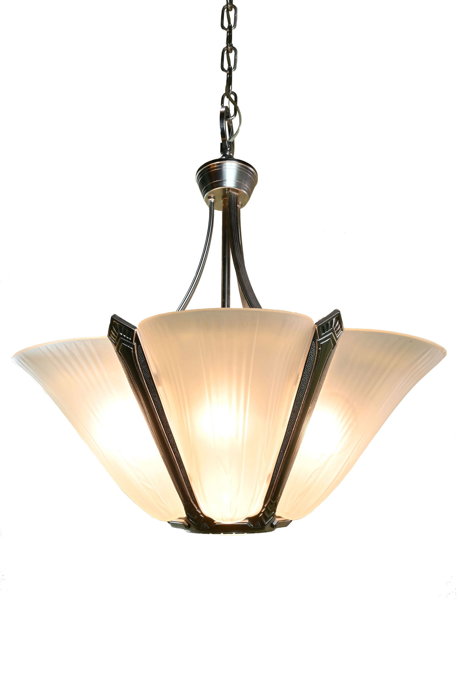 Prearo Italian deco slipper shade chandelier: Prearo Italian deco slipper shade chandelier Circa: 1970’s. Condition: Age Consistent/Good. Chrome plated with Cast Glass Shades. Dimensions: 22” diameter x 39” total height