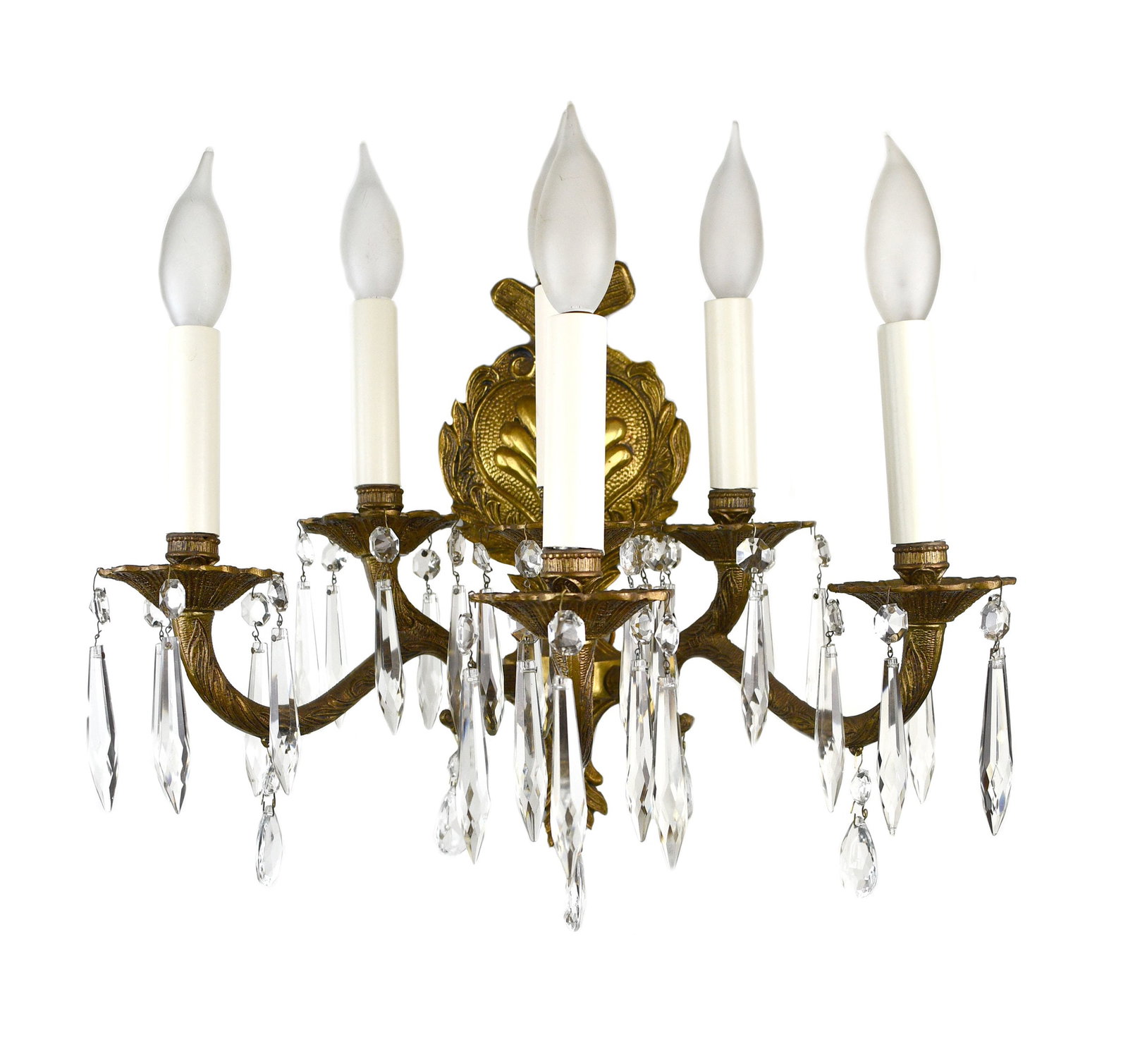 Pair of 6 candle spanish brass sconces with crystals: Pair of 6 candle spanish brass sconces with crystals. Circa: 1920’s. Condition: Very good . Material: Brass. Finish: Original. Country of origin: USA. Illumination: 6 candelabra sockets 14” ta