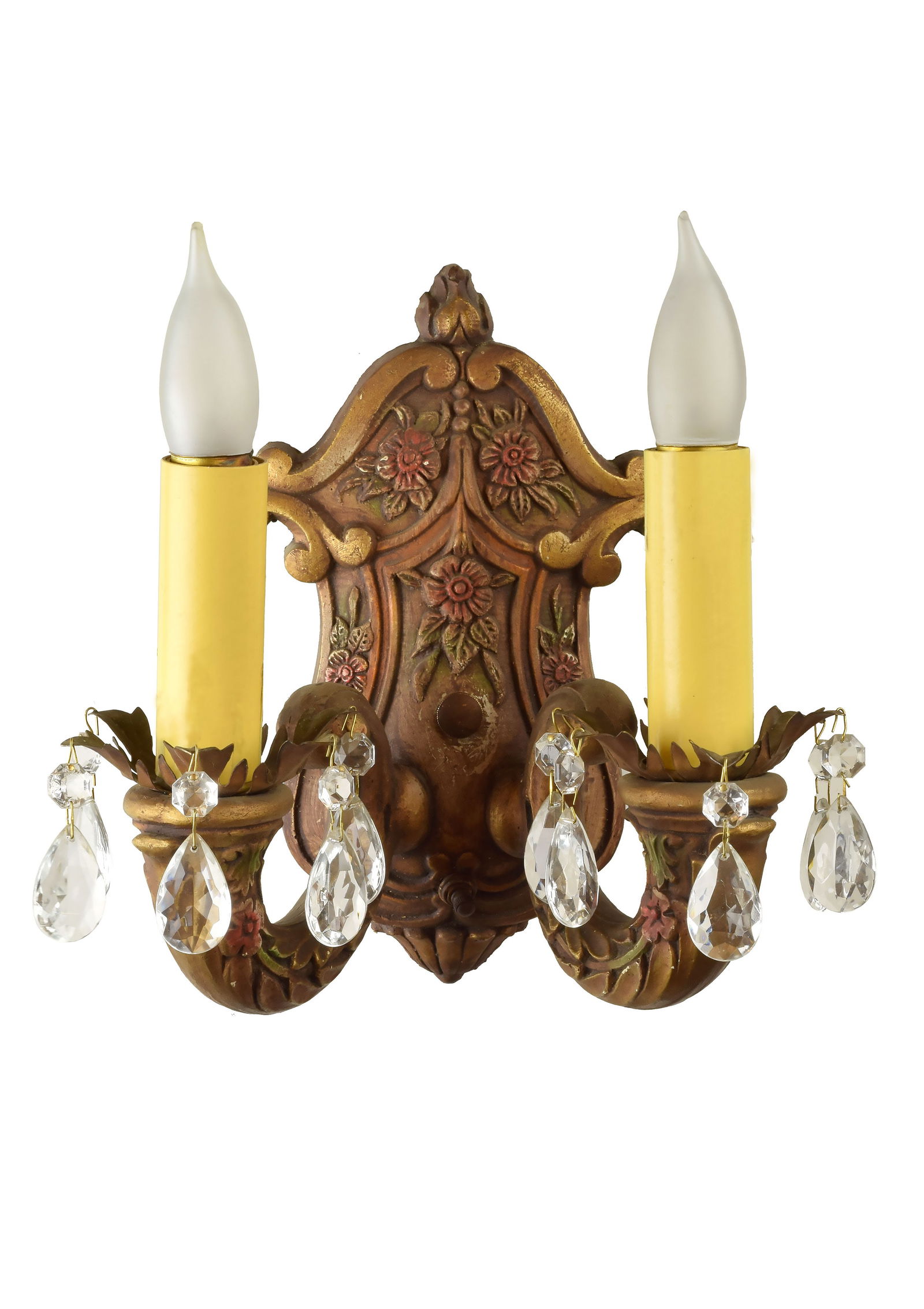 Pair of antique gesso polychrome 2 candle sconces with crystals (1 of 3)
