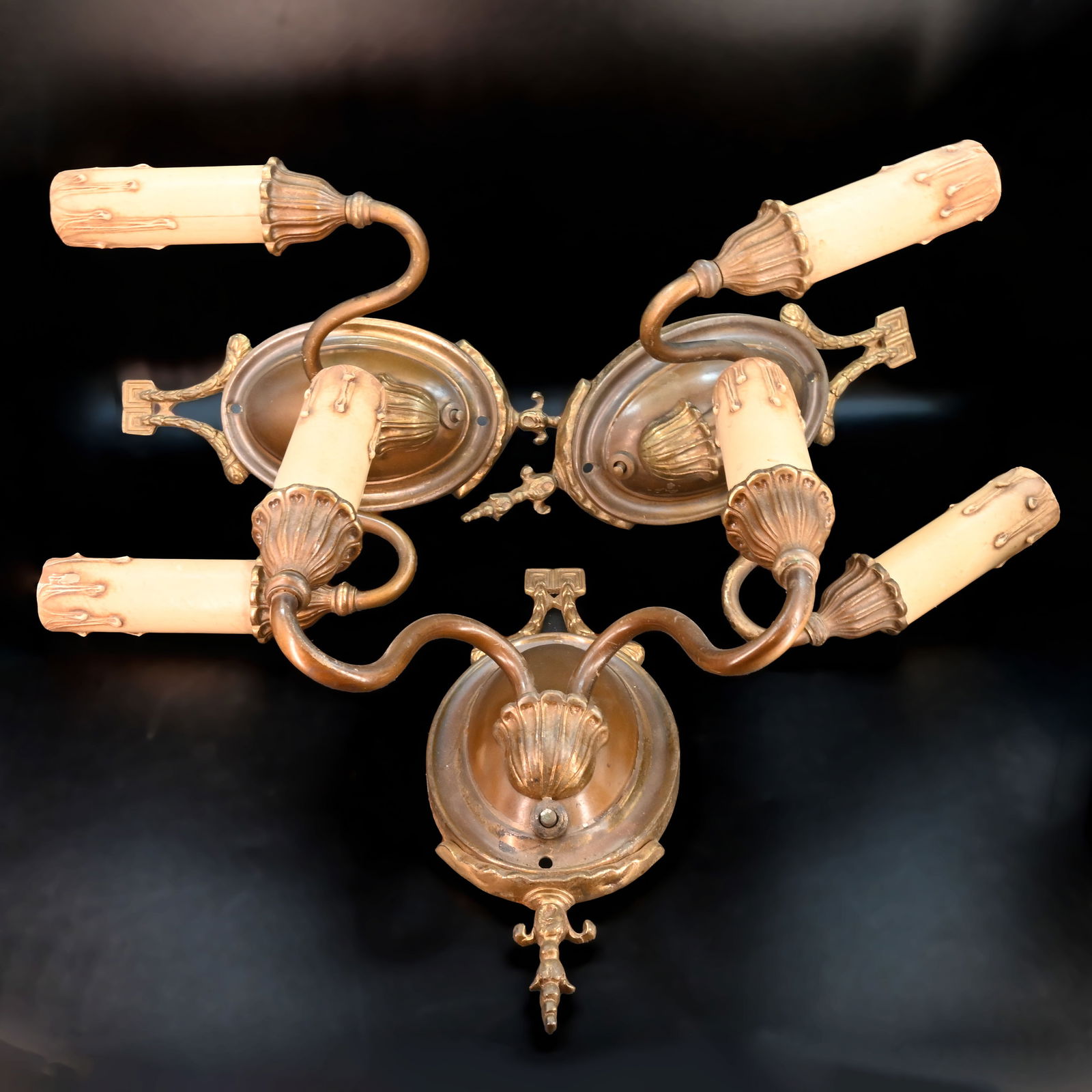 Set of three brass matching neoclassical two arm sconces with garland pattern (1 of 3)