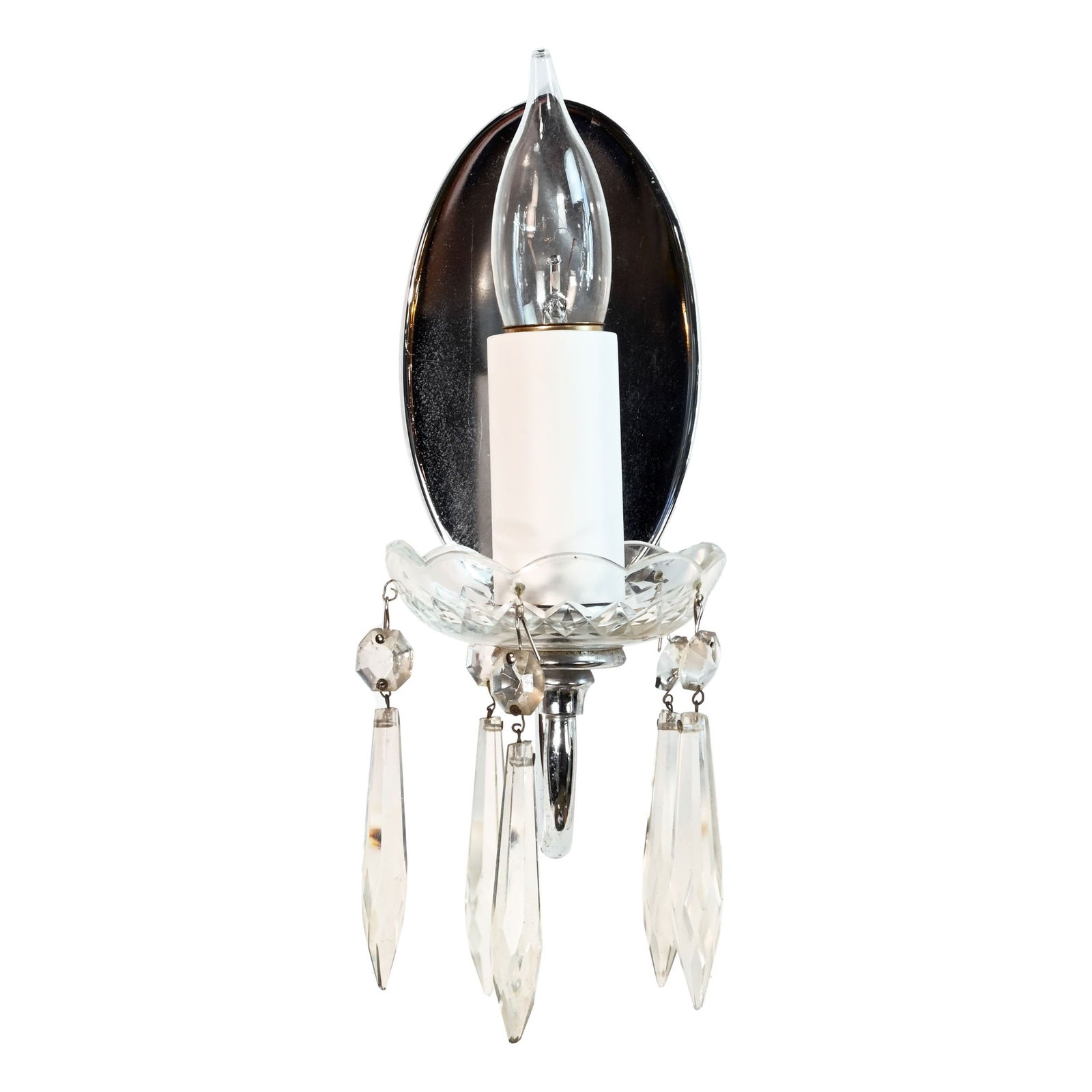 Pair of chrome oval back sconces with crystal bobeche and prisms (1 of 2)