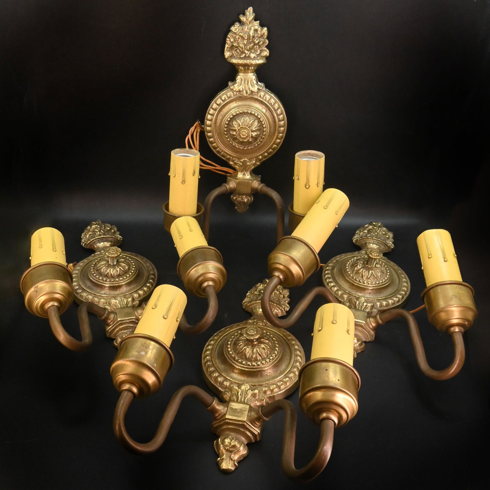 Set of four matching neoclassical 2 candle brass sconces (1 of 3)
