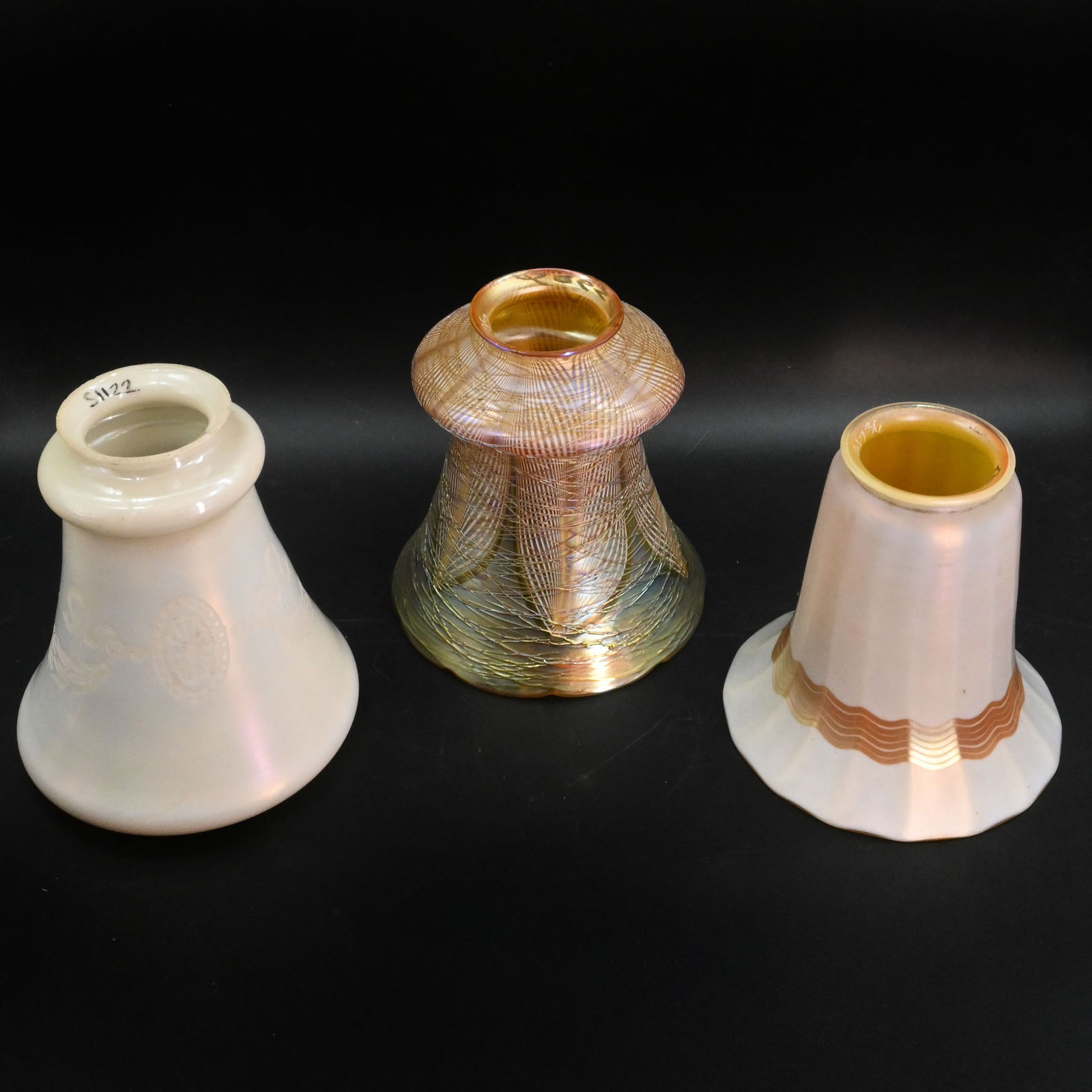 Group of three assorted art glass shades including Steuben and Quezal (1 of 7)