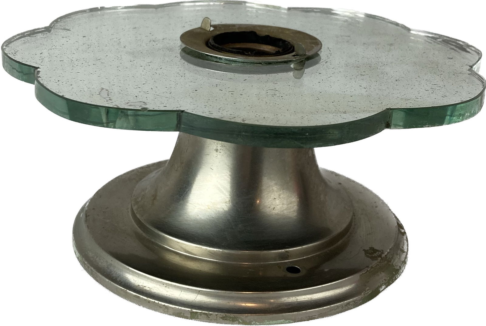 Petite brass with nickel gilt mirror rosette bare bulb flushmount light fixture (1 of 3)