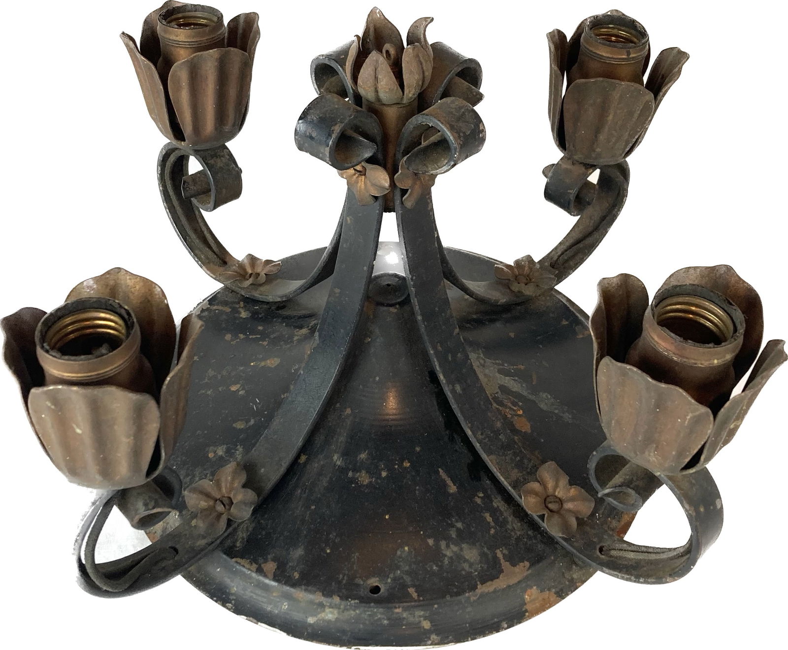 Two tone black/gold gilt wrought iron bare bulb flushmount light fixture (1 of 2)