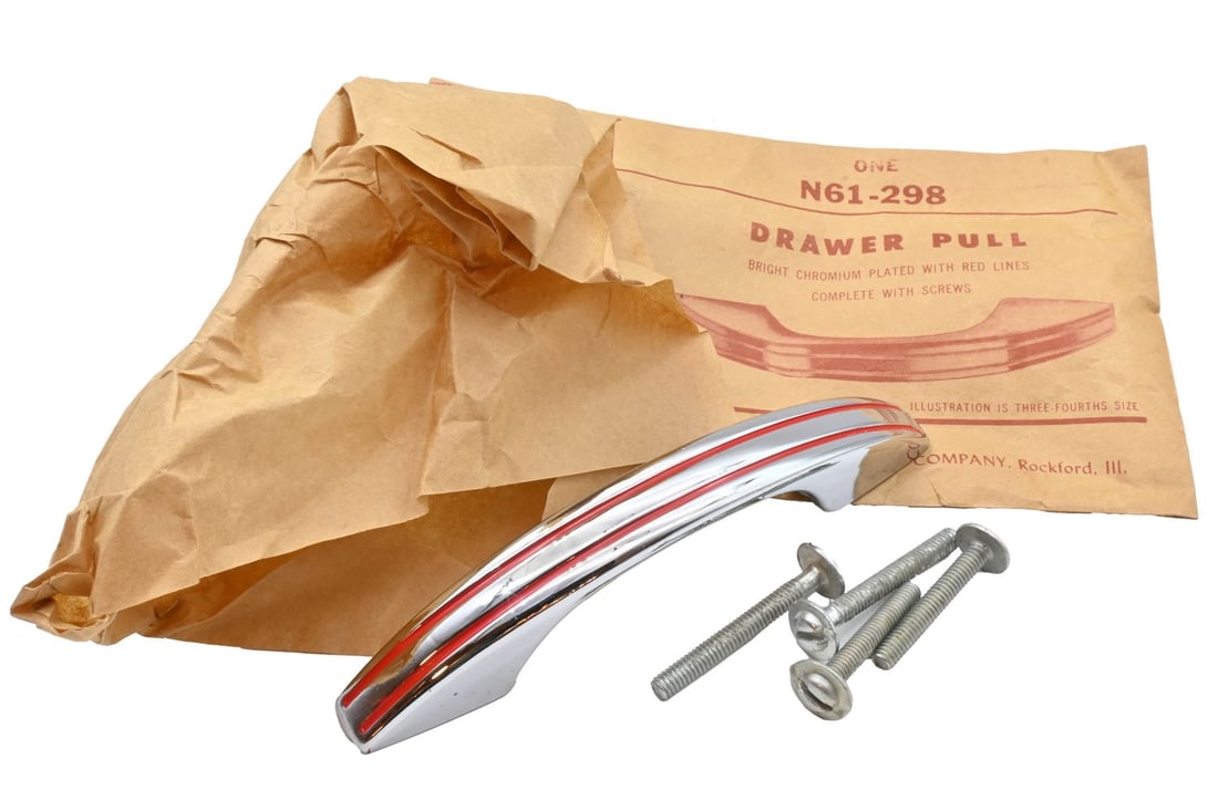 One dozen bright new old stock double red line cabinet pull: One dozen bright Chromium new old stock Double Red Line cabinet pulls by National Lock Company. 1940- 1950 Dimensions: overall 4.75” long by 1” projection, 2.75” Center. In Original