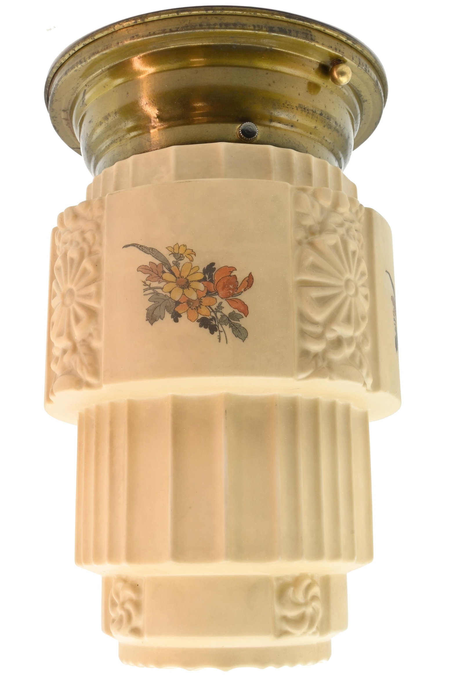 Deco flush cream skyscraper fixture: Deco flush cream skyscraper fixture. Circa: 1920’s-40’s. Condition: Age Consistent. Finish: Original. Origin: U.S.A. Materials: Brass fixture with Cream Colored Molded Glass Shade. Illumination: 1