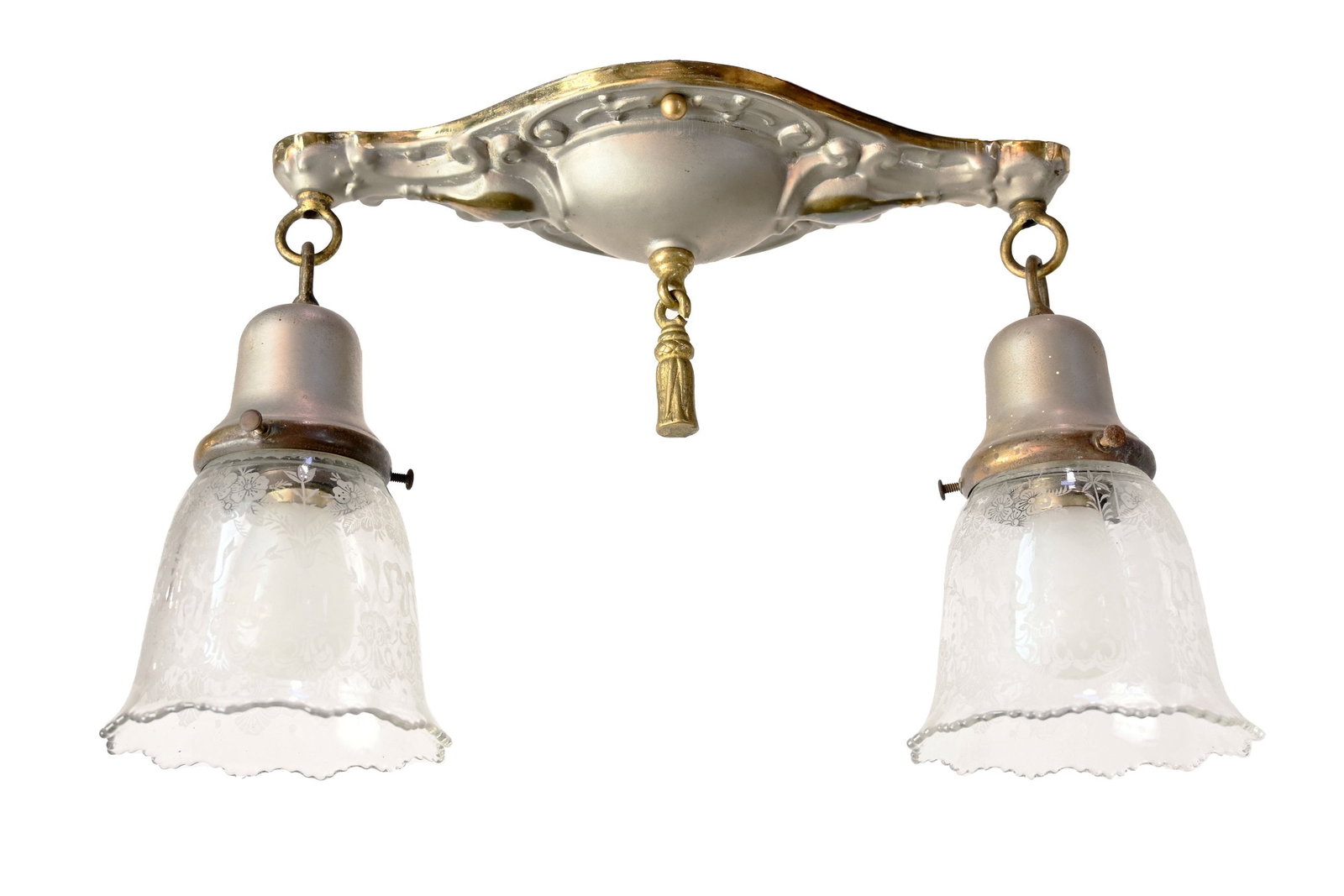 Two tone two bulb flushmount with etched glass shades: Two tone two bulb flushmount with etched glass shades. Circa: 1920s. Condition: Age Consistent/Good. Material: Stamped brass and etched shades. Finish: Original. Country of origin: USA. Illumination: 