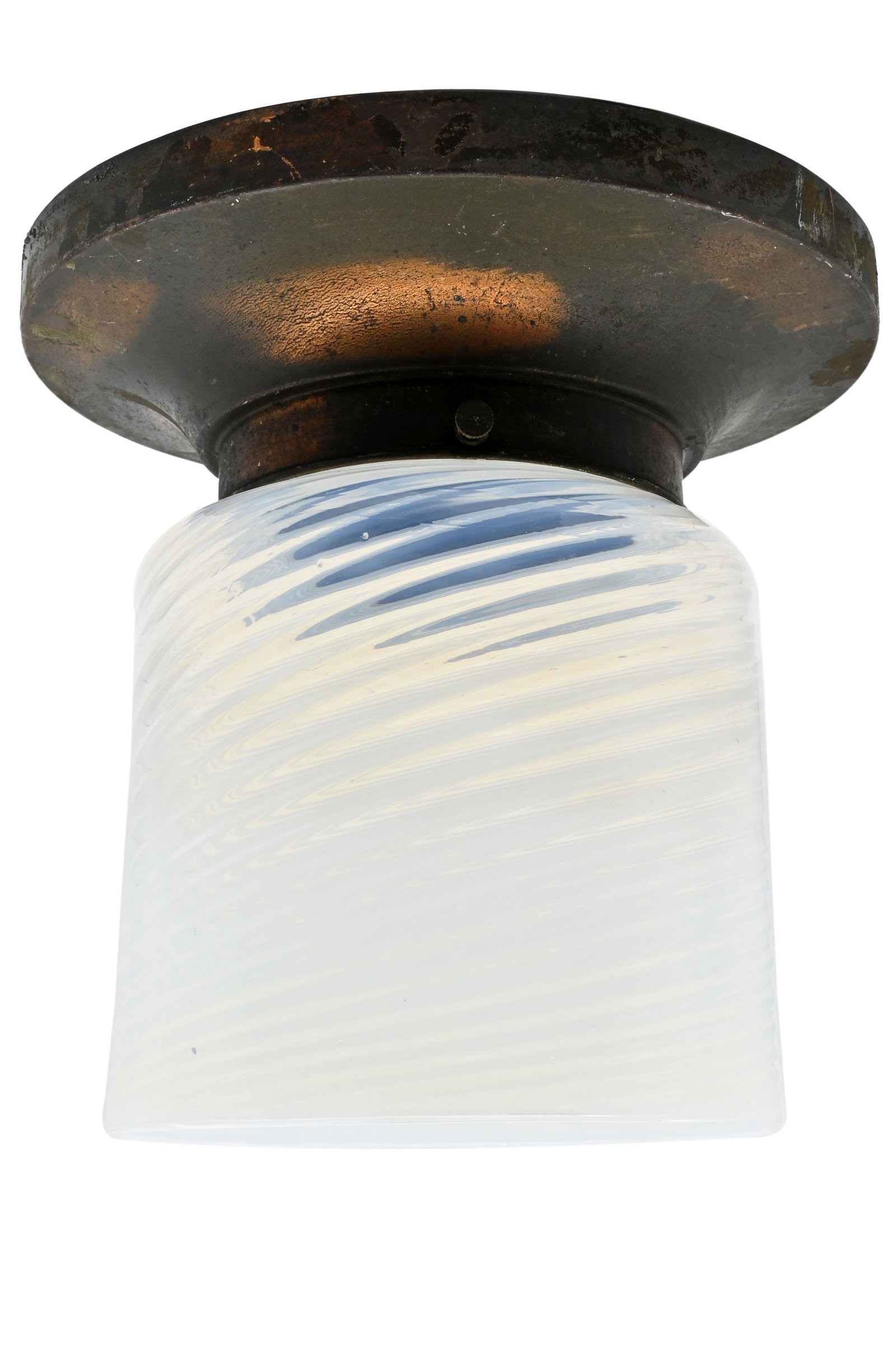 Gilt and satin flushmount with swirl glass shade: Gilt and satin flushmount with swirl glass shade. Circa: 1920s. Condition: Age Consistent/Good. Material: Gilt and Satin fitter with glass shade. Finish: Original. Country of origin: USA. Illumination