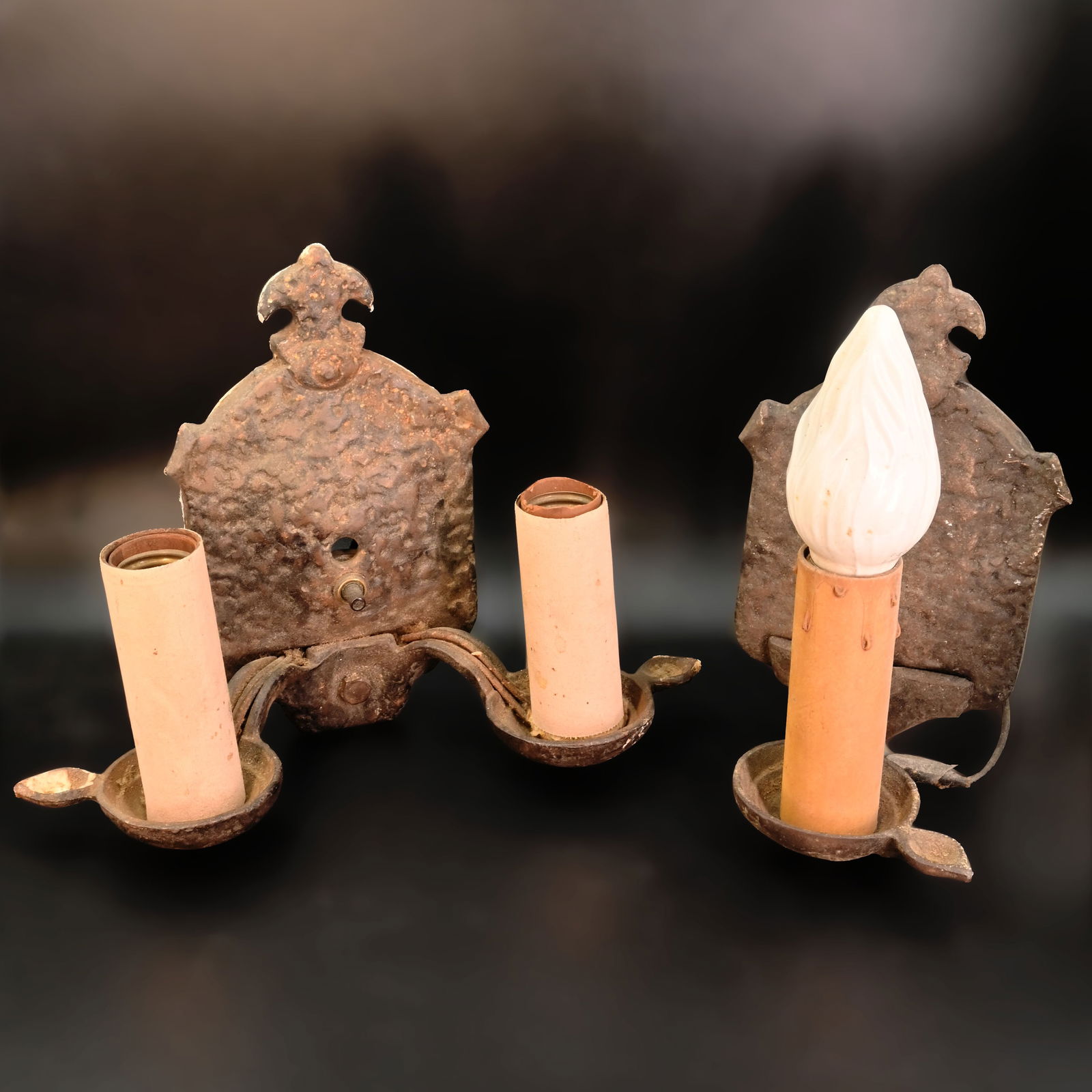 Pair of hammered cast iron "Levolite" tudor revival sconces (1 of 5)