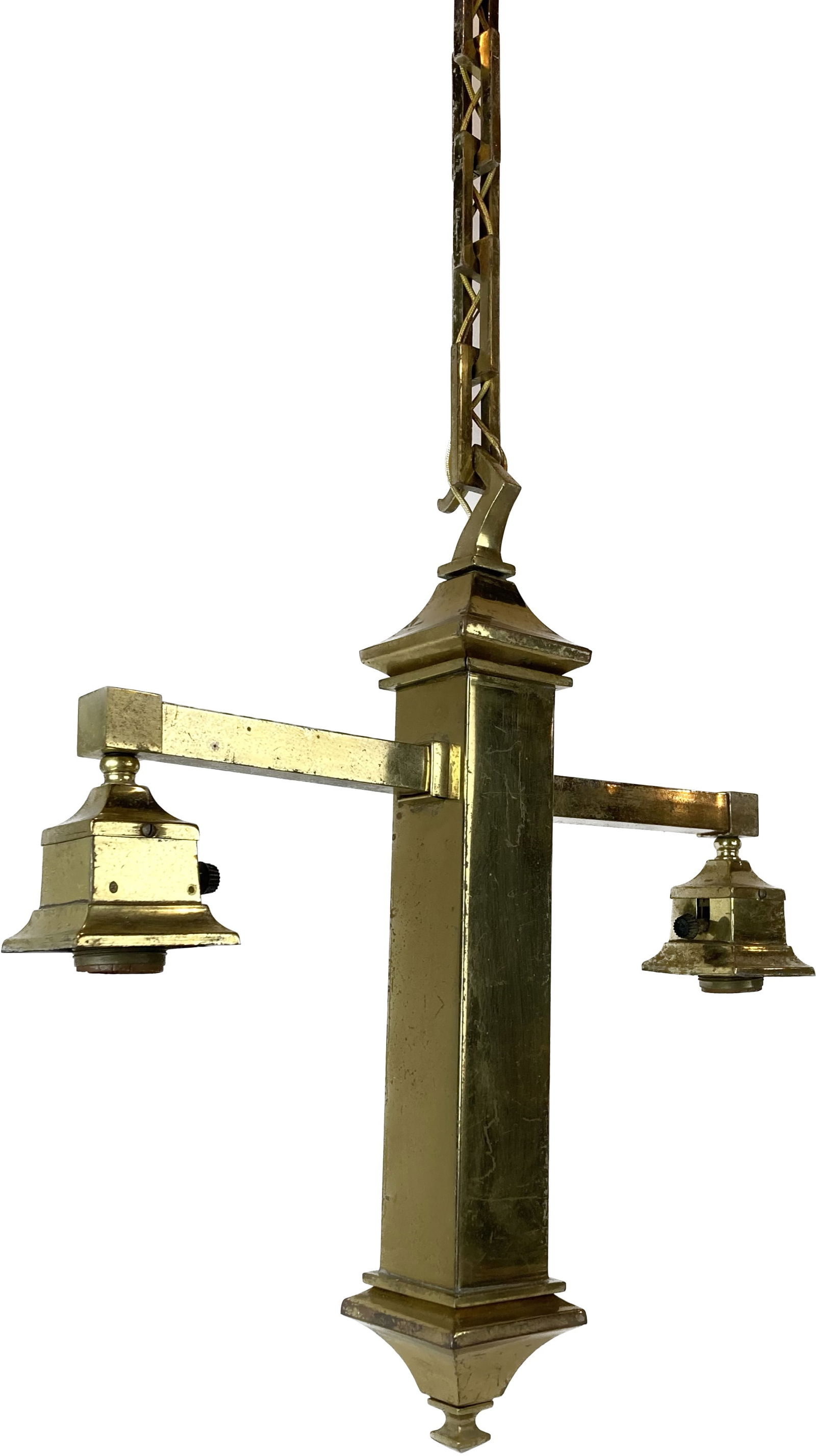 Polished brass mission 2 arm lighting pendant: Polished brass mission 2 arm lighting pendant. Illuminated by 2 medium Edison sockets. Made of brass. Dimensions 43" drop. Main body is 14" tall x 16" at widest part.