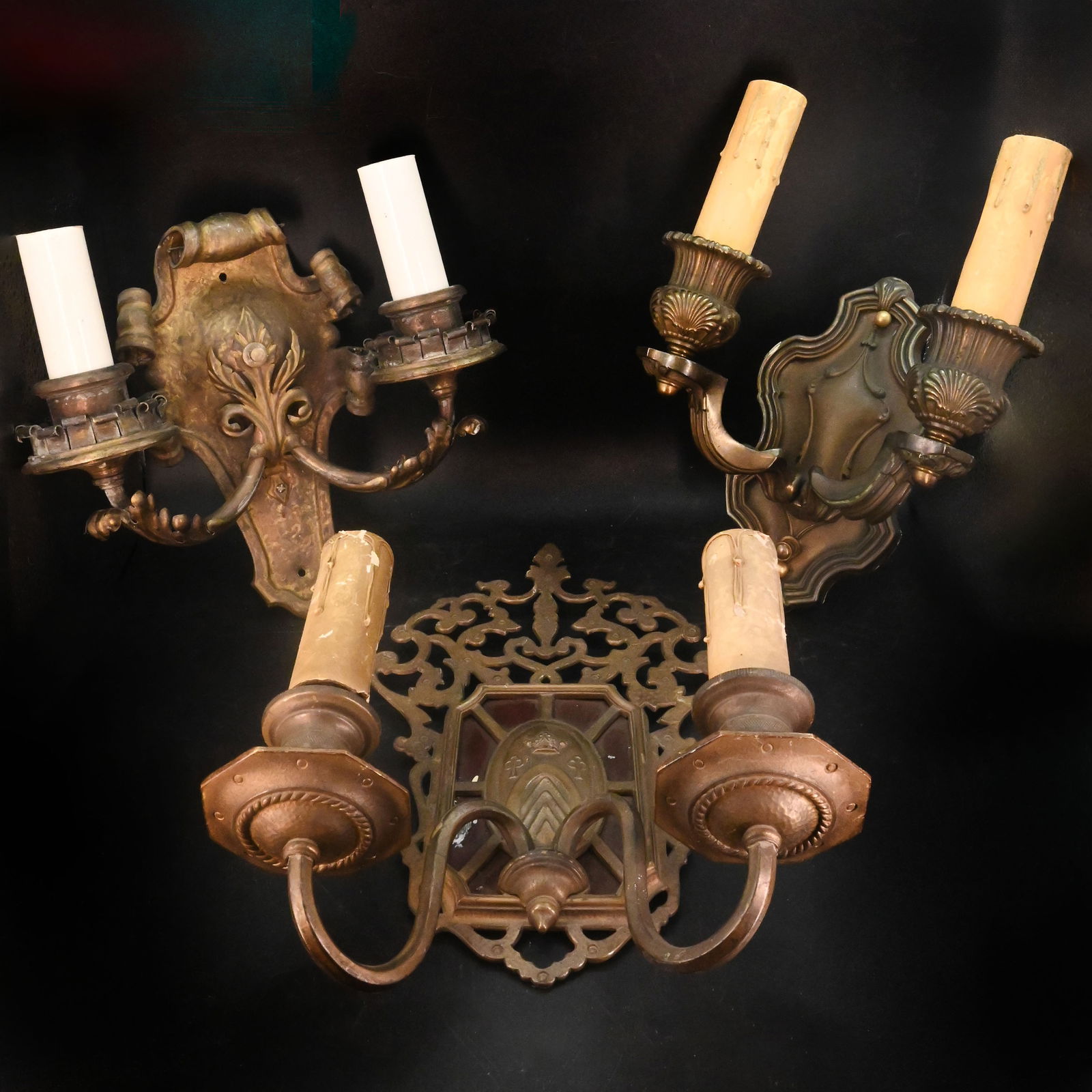 Set of three various design ornate cast brass two arm sconces (1 of 7)