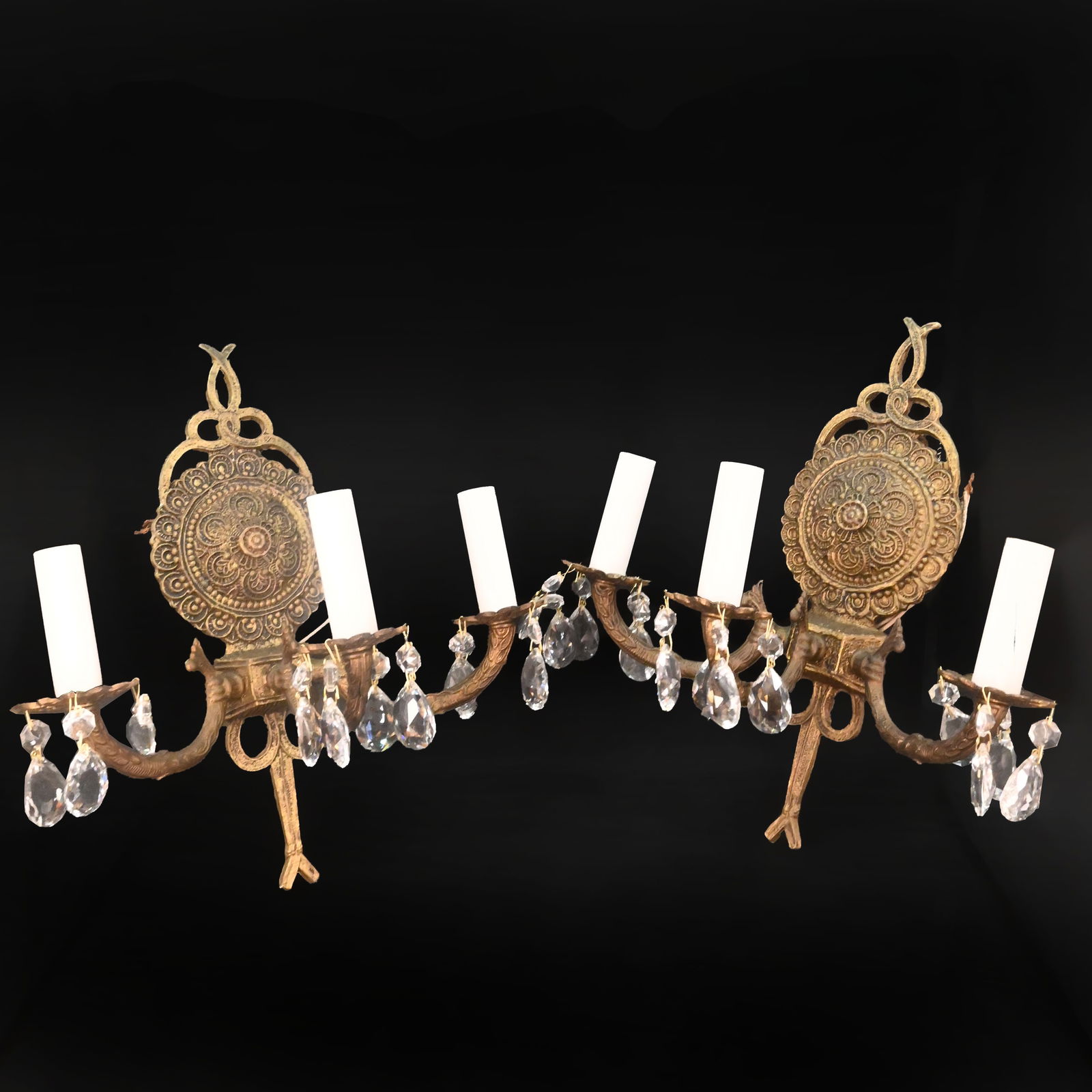 Pair of Spanish brass 3 arm sconces with crystals (1 of 3)