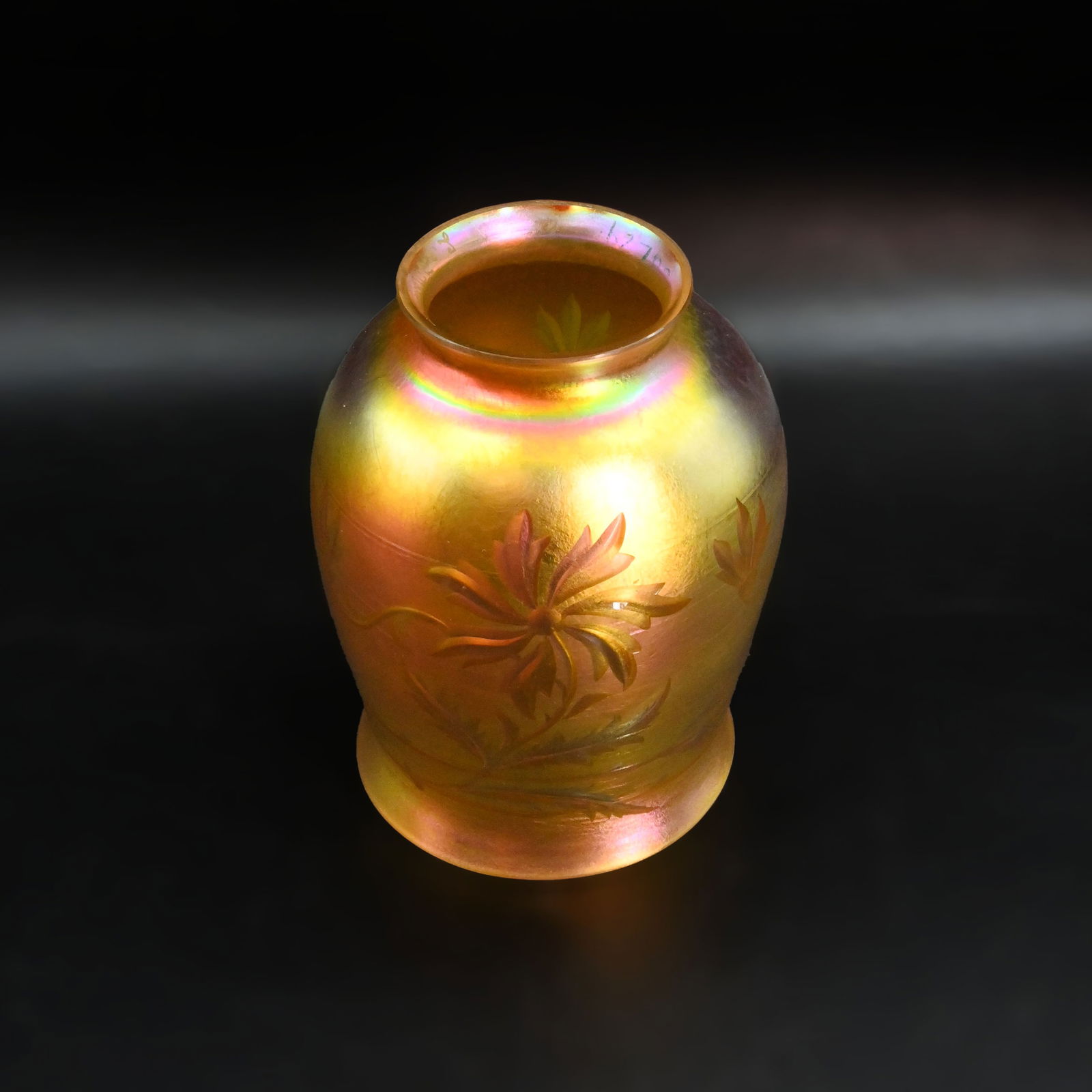 THIS IS THE 1ST ONE: Tiffany Favrile Iridescent Gold Hand Cut Floral Art Glass Shade, Signed L.C.T. (1 of 12)